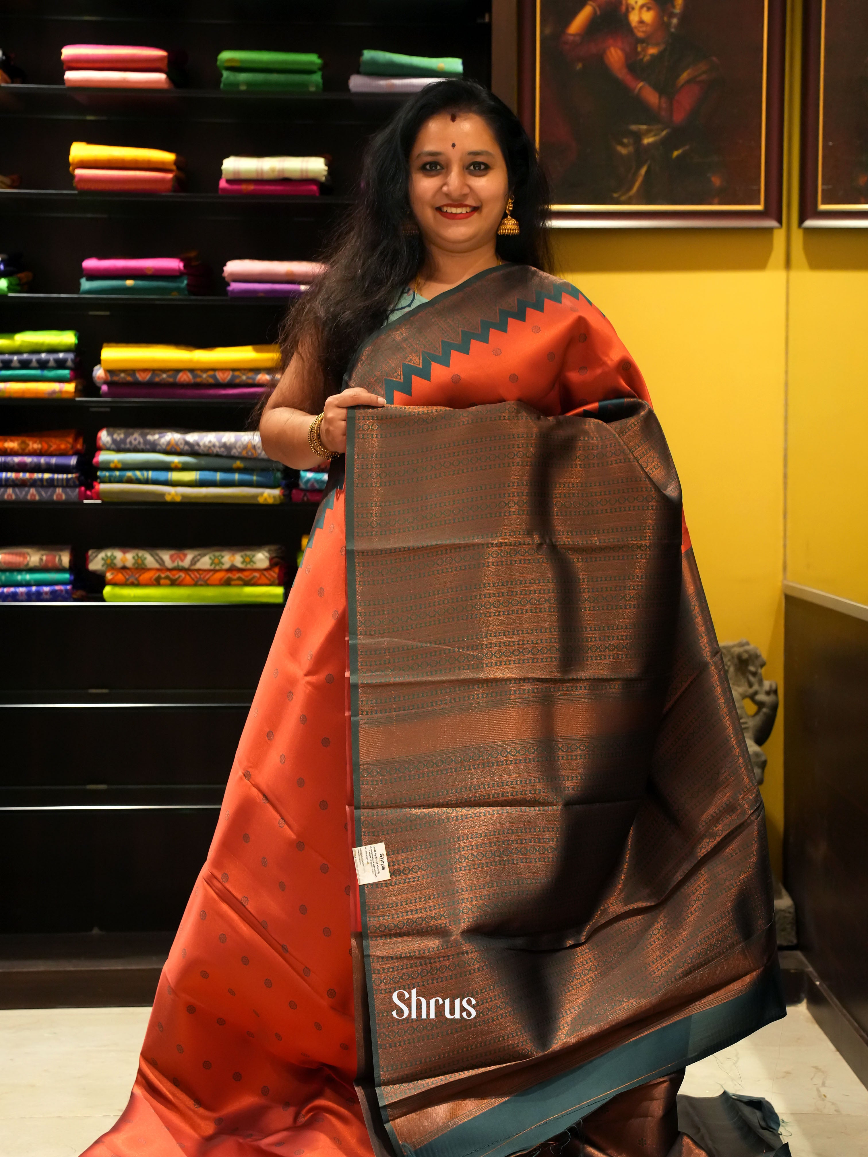 Brick Red & Green -Semi Tissue Saree