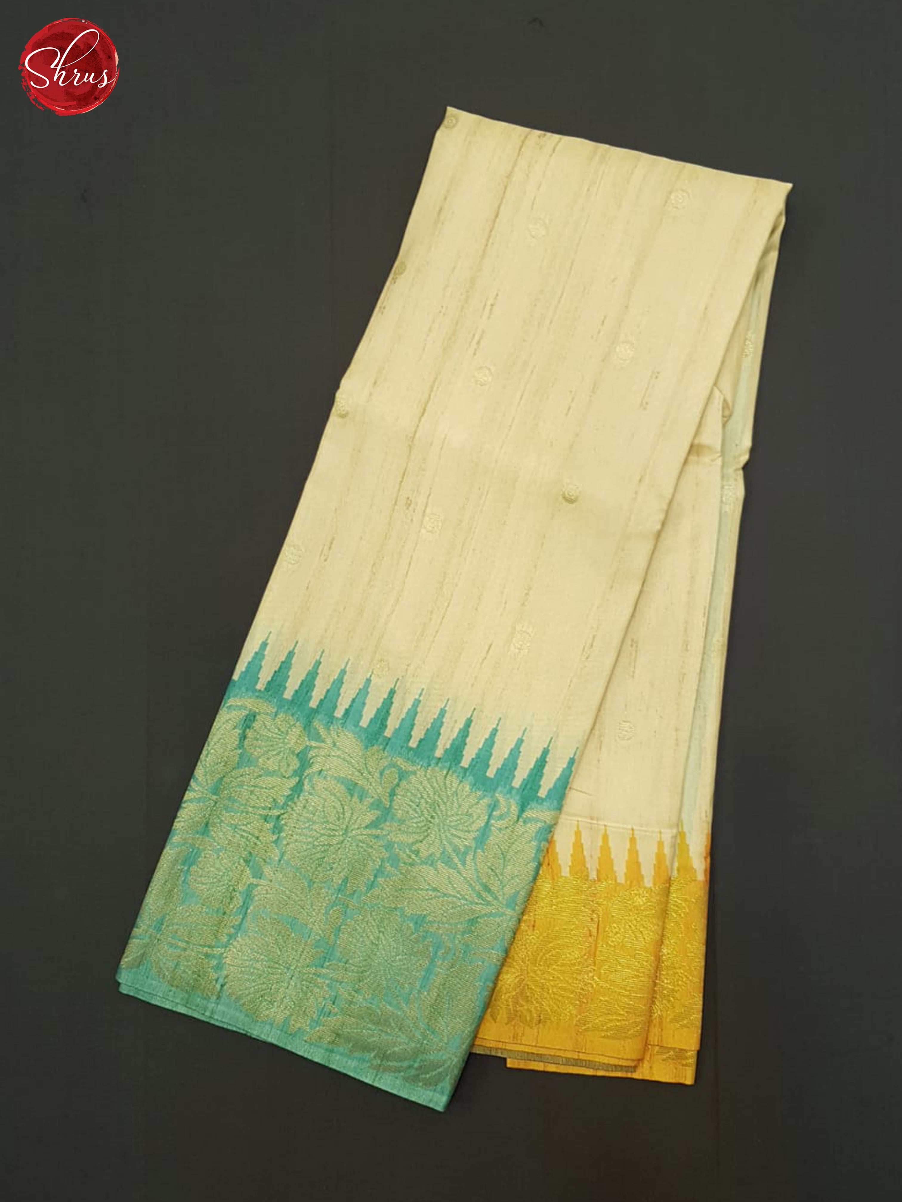 Beige & Teal Blue- Semi Rawsilk Saree - Shop on ShrusEternity.com