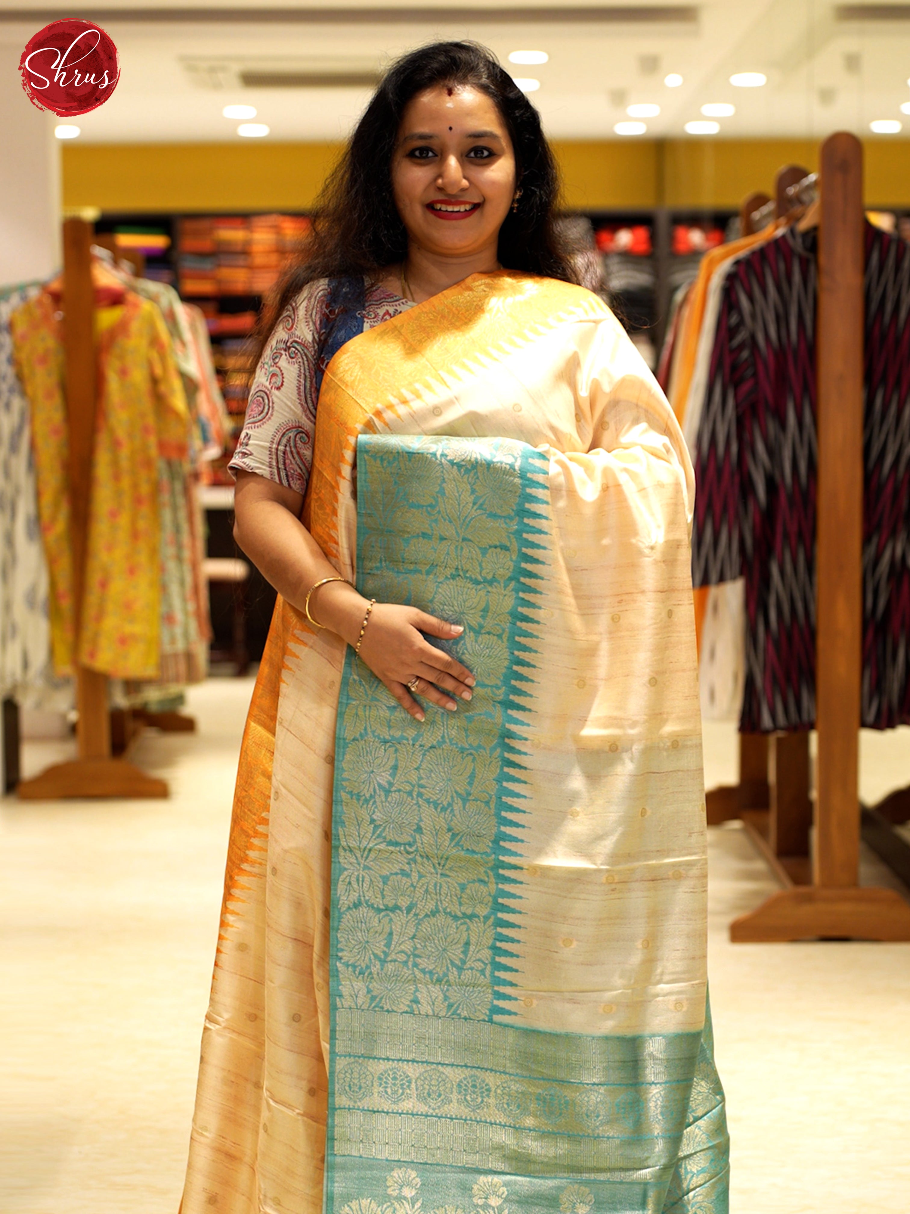 Beige & Teal Blue- Semi Rawsilk Saree - Shop on ShrusEternity.com