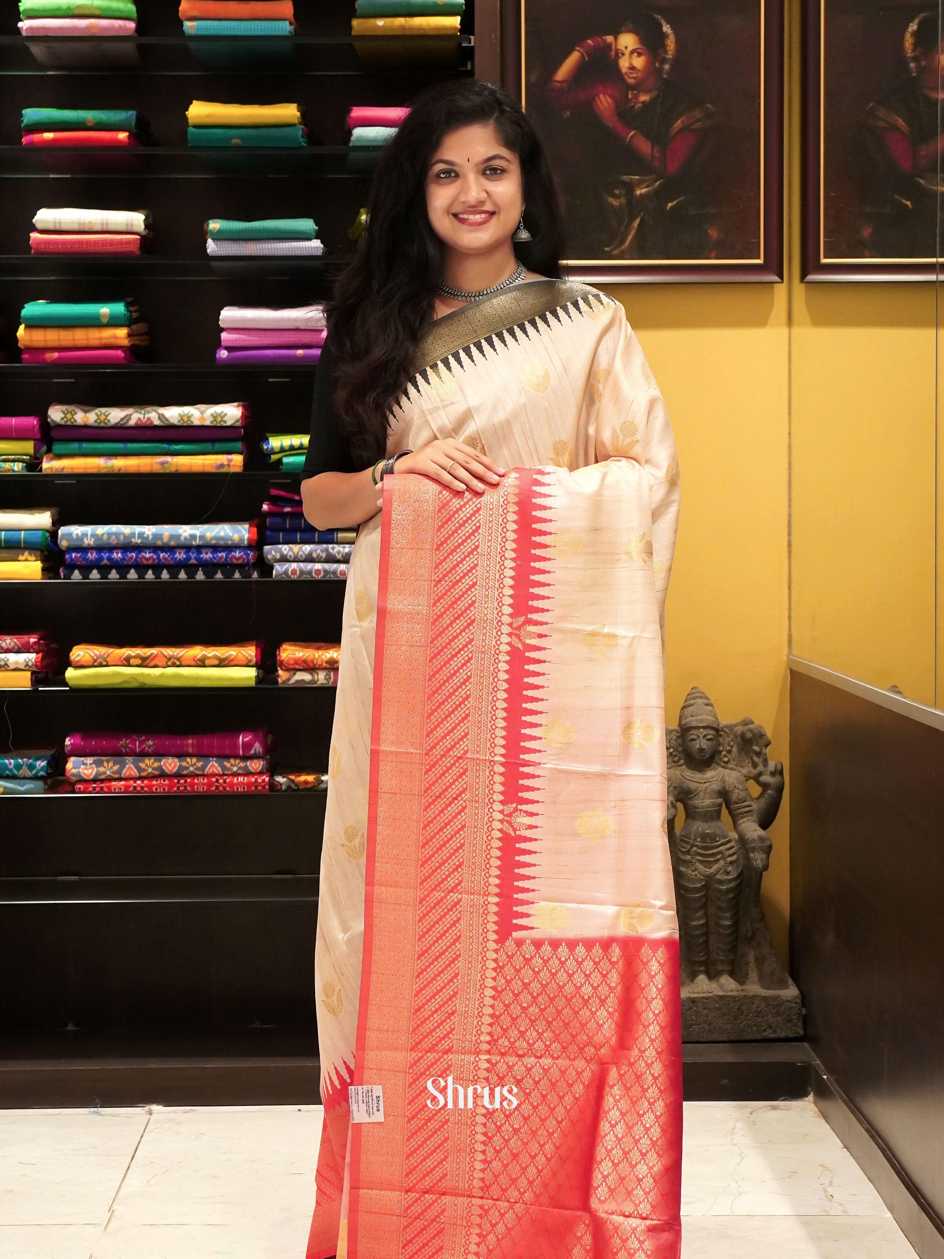 Beige & Pink - Semi Rawsilk Saree