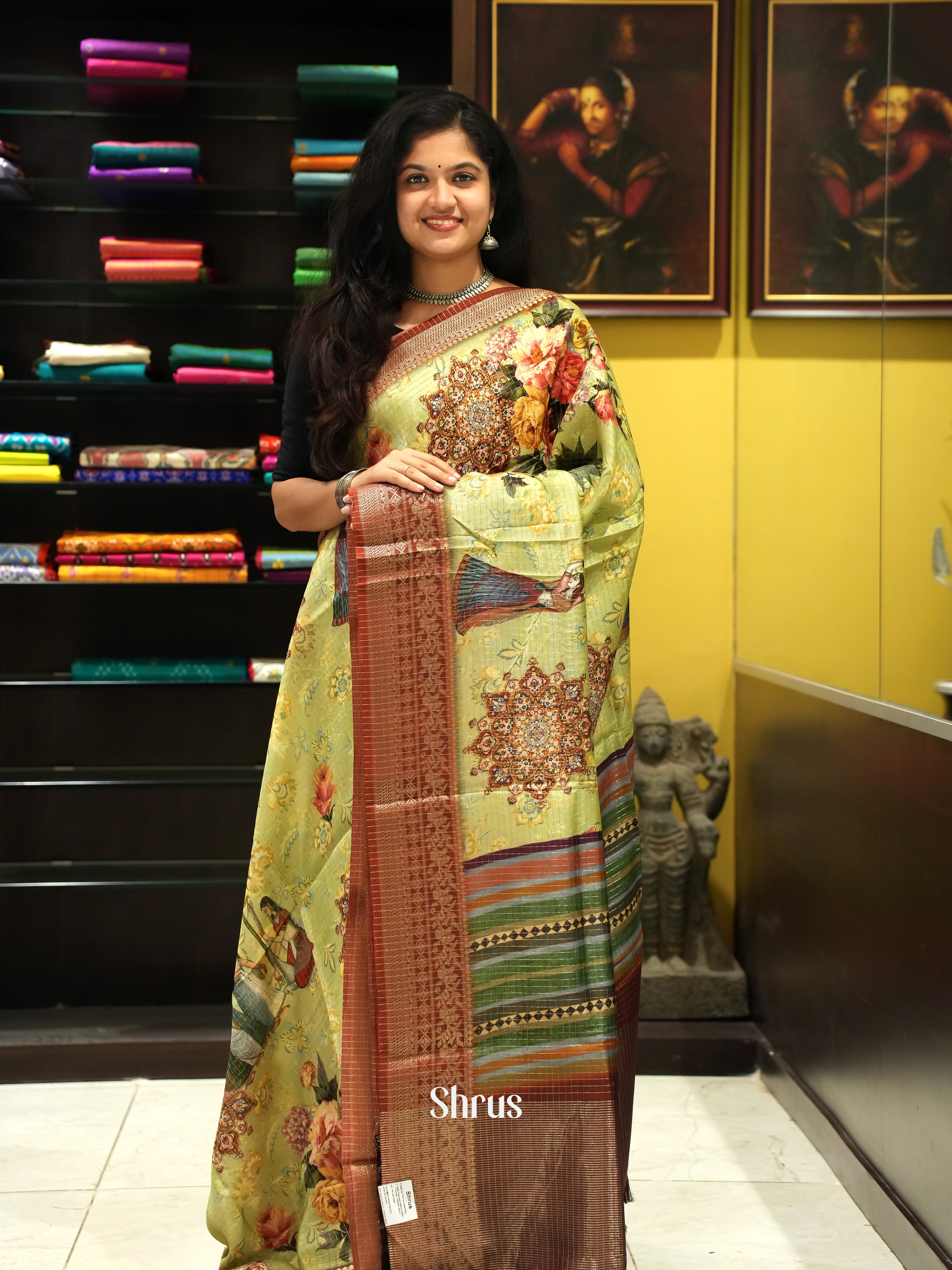 Pista Green & Brown - Semi Crepe Saree