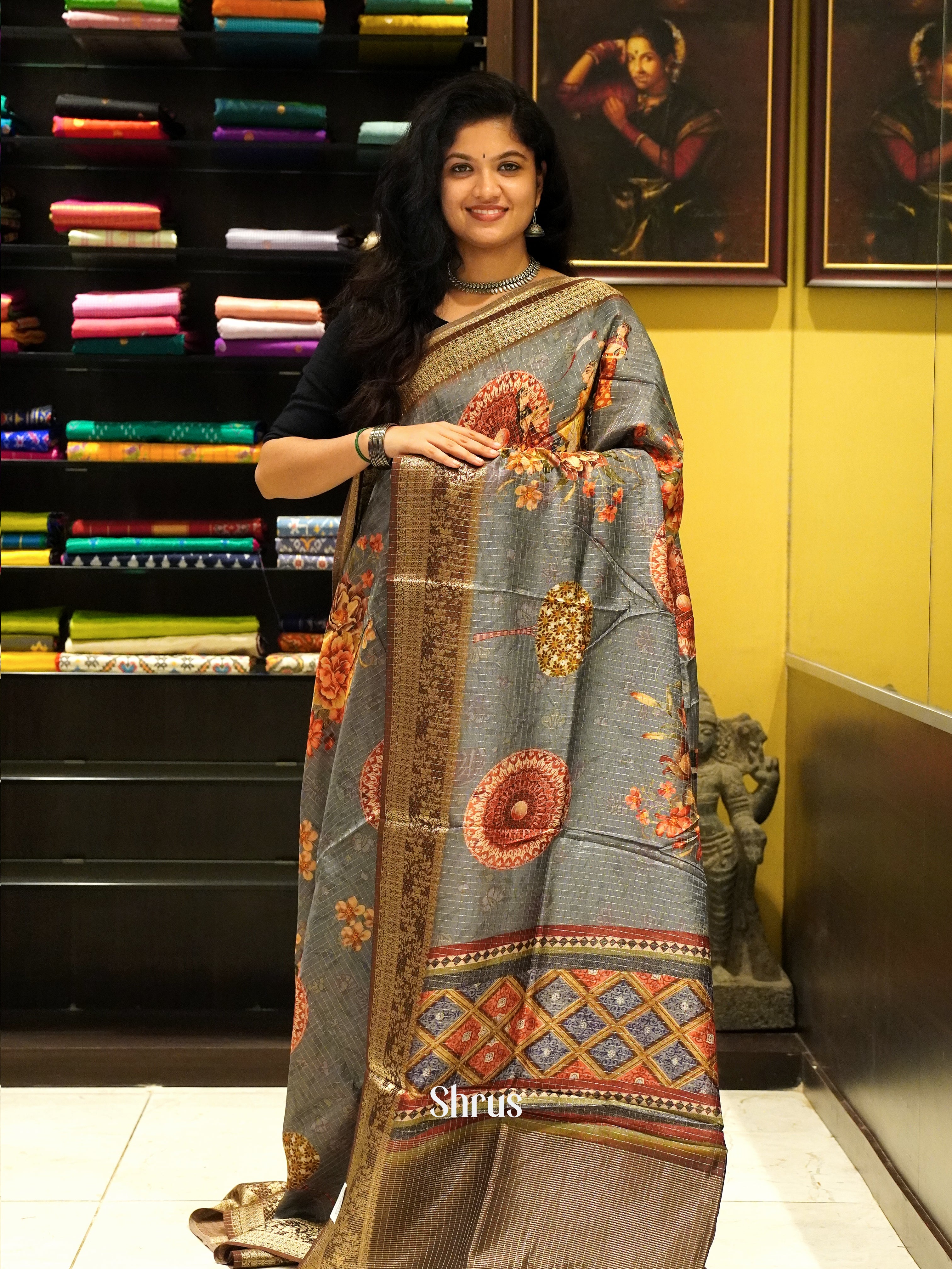 Grey & Brown - Semi Crepe Saree