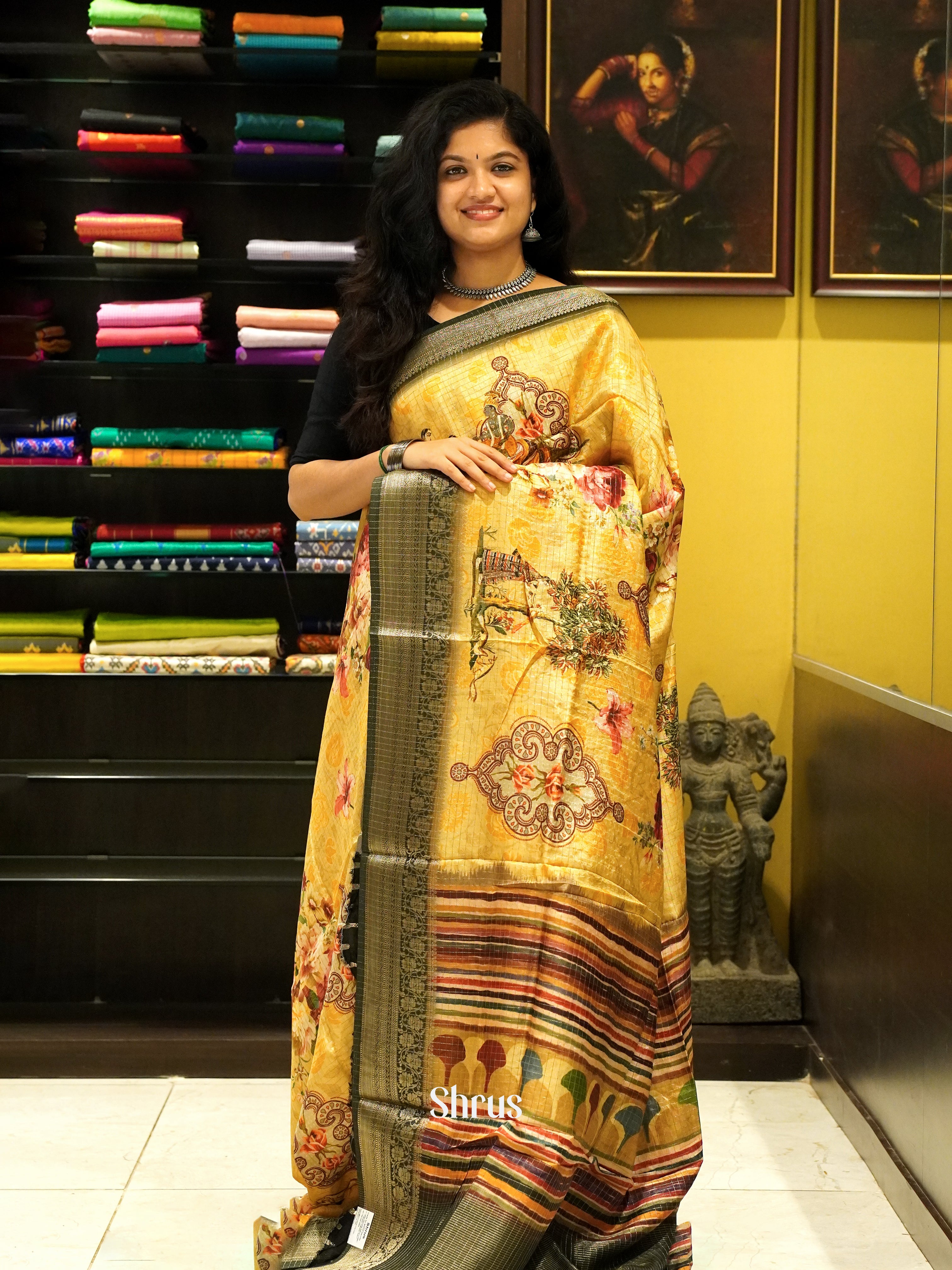 Yellow & Black - Semi Crepe Saree