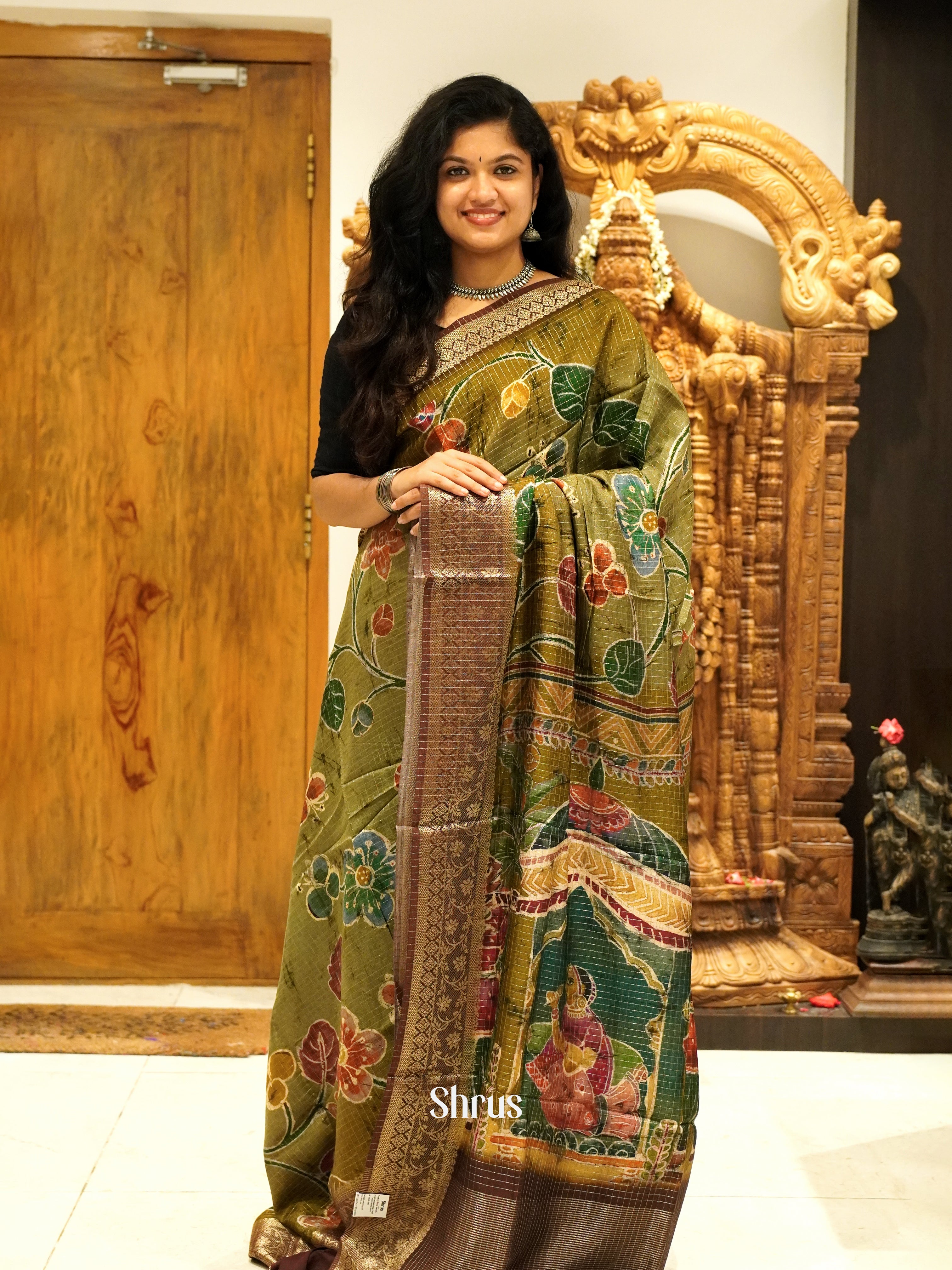 Green & brown - Semi Crepe Saree