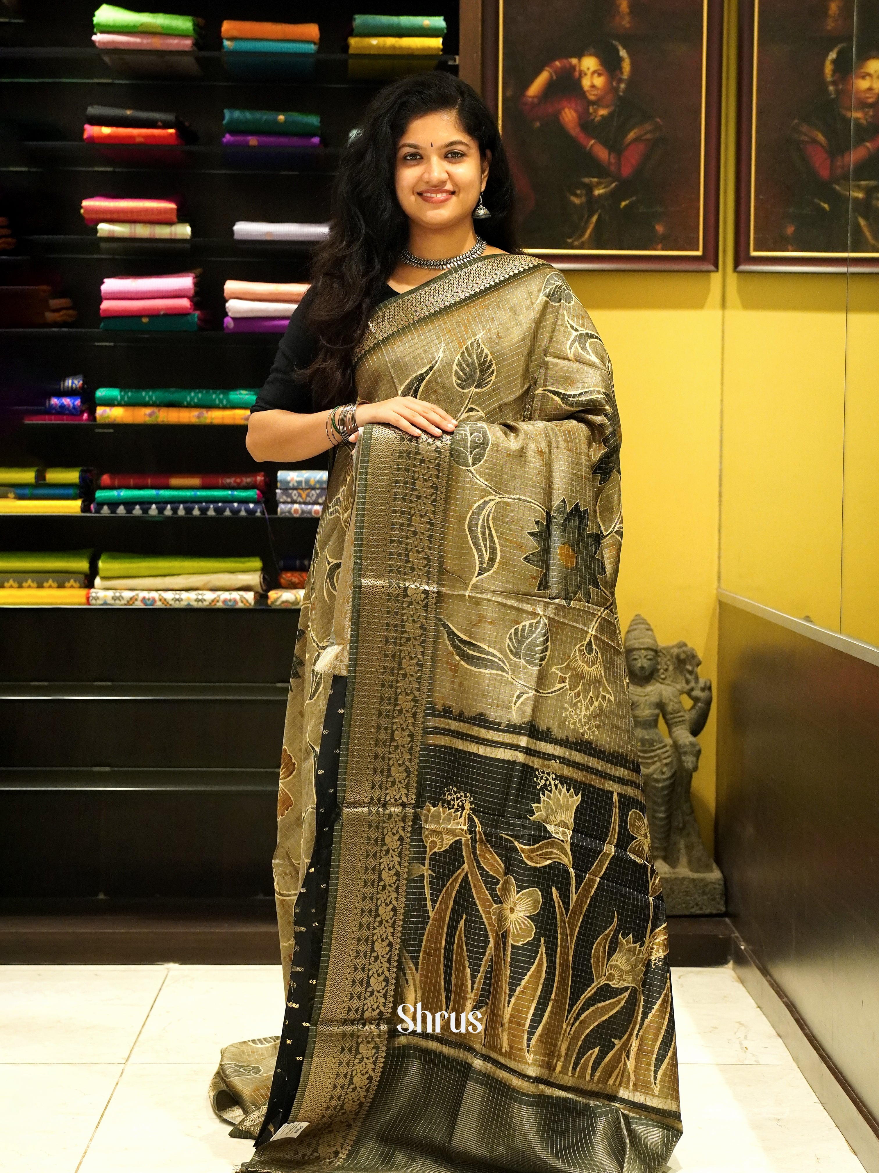 Grey  & Green - Semi Crepe Saree