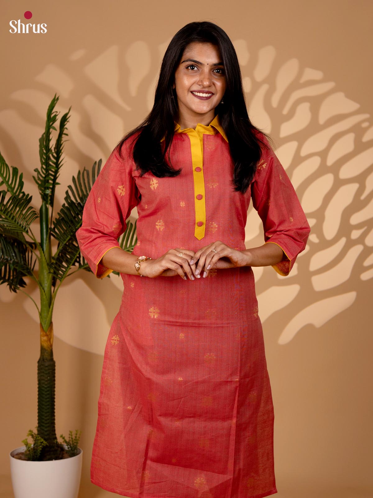 Orange - Collar Neck  Readymade Kurti