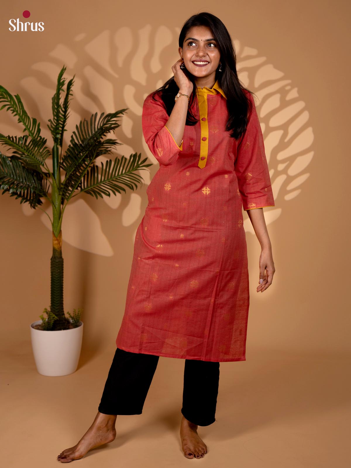 Orange - Collar Neck  Readymade Kurti