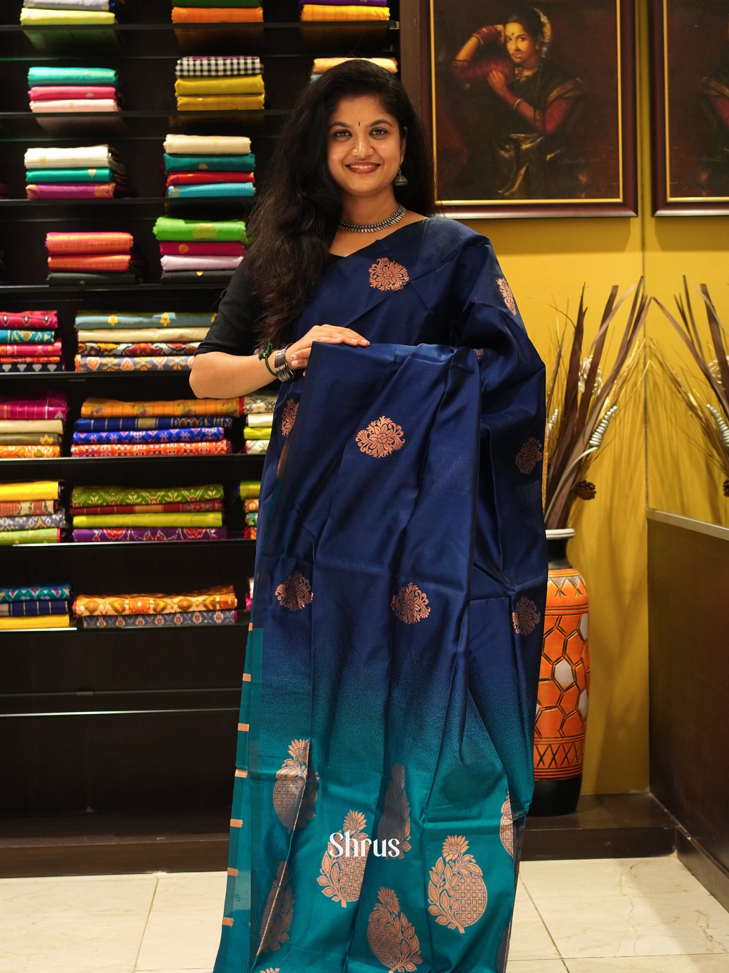 Blue & Green- Semi Softsilk Saree