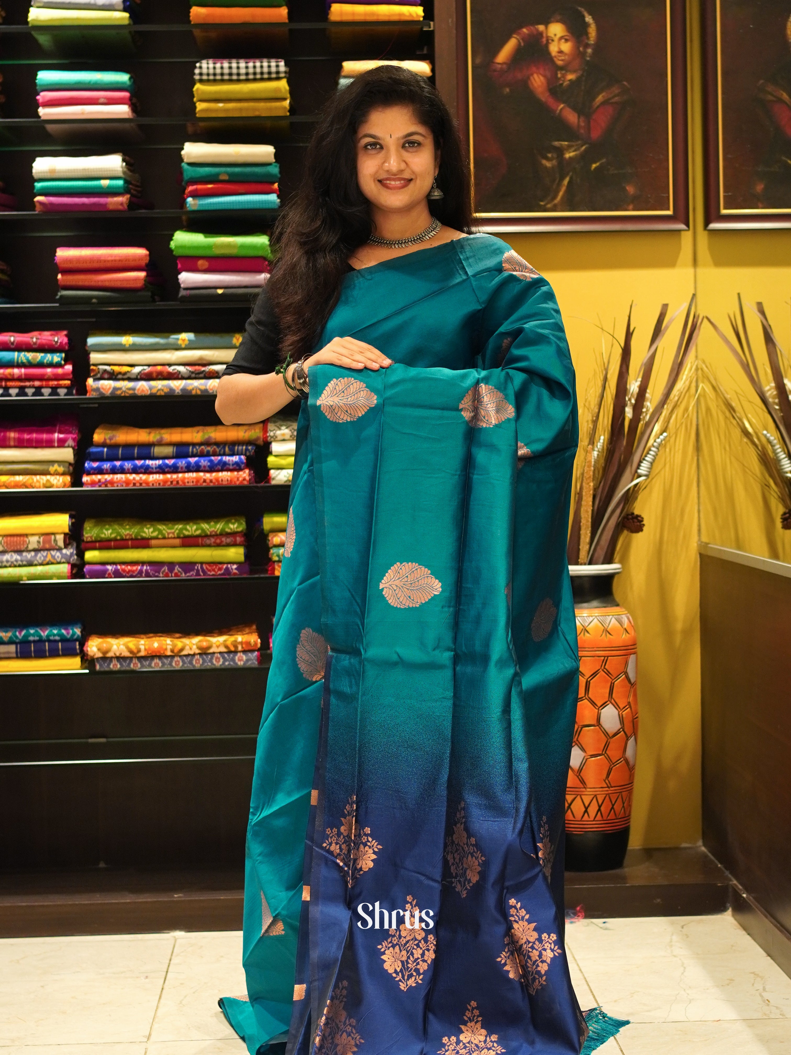 Green & Blue - Semi Softsilk Saree