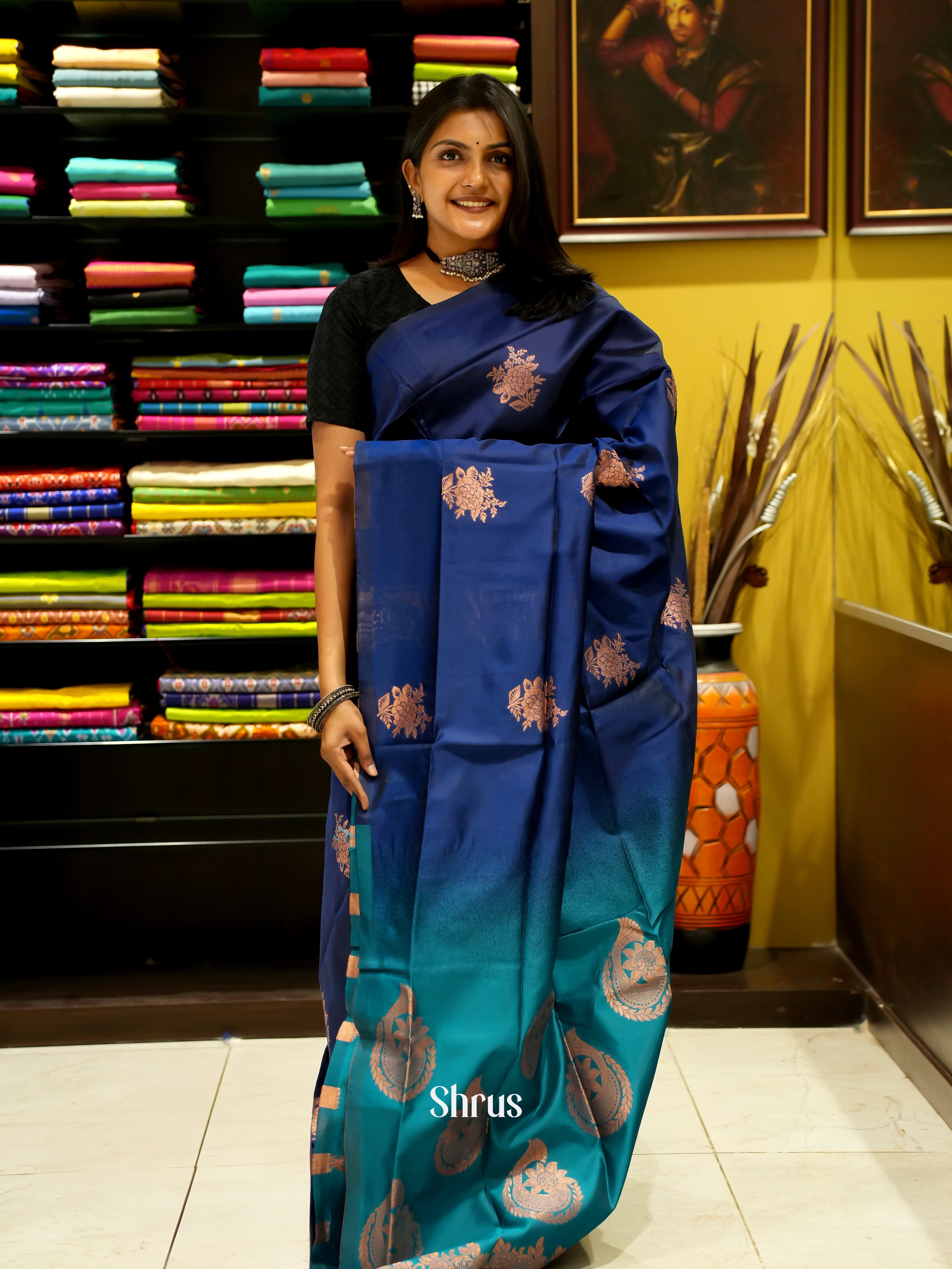 Blue & Green - Semi Softsilk Saree