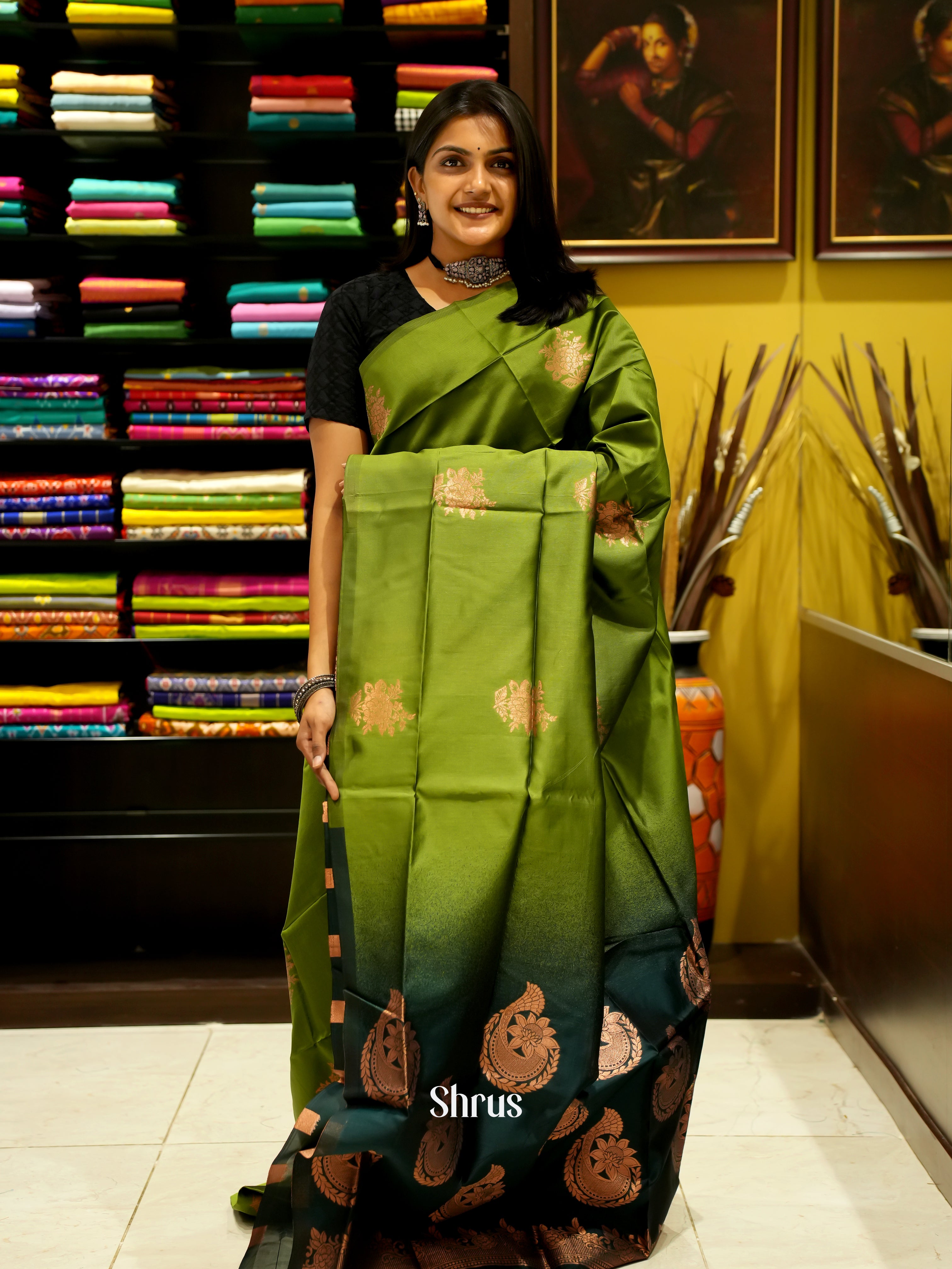 Mehandi Green & Green - Semi Softsilk Saree