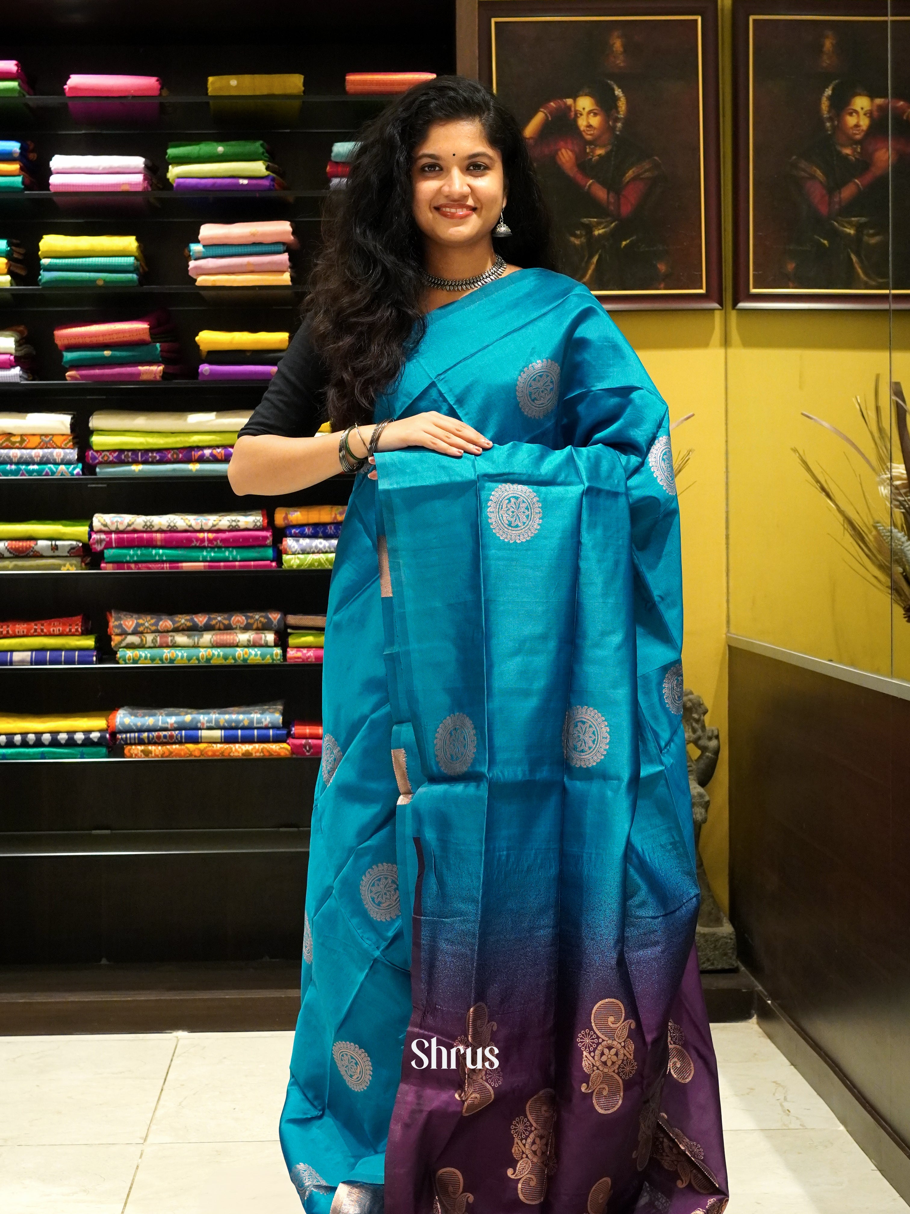 Blue & wine - Semi Softsilk Saree