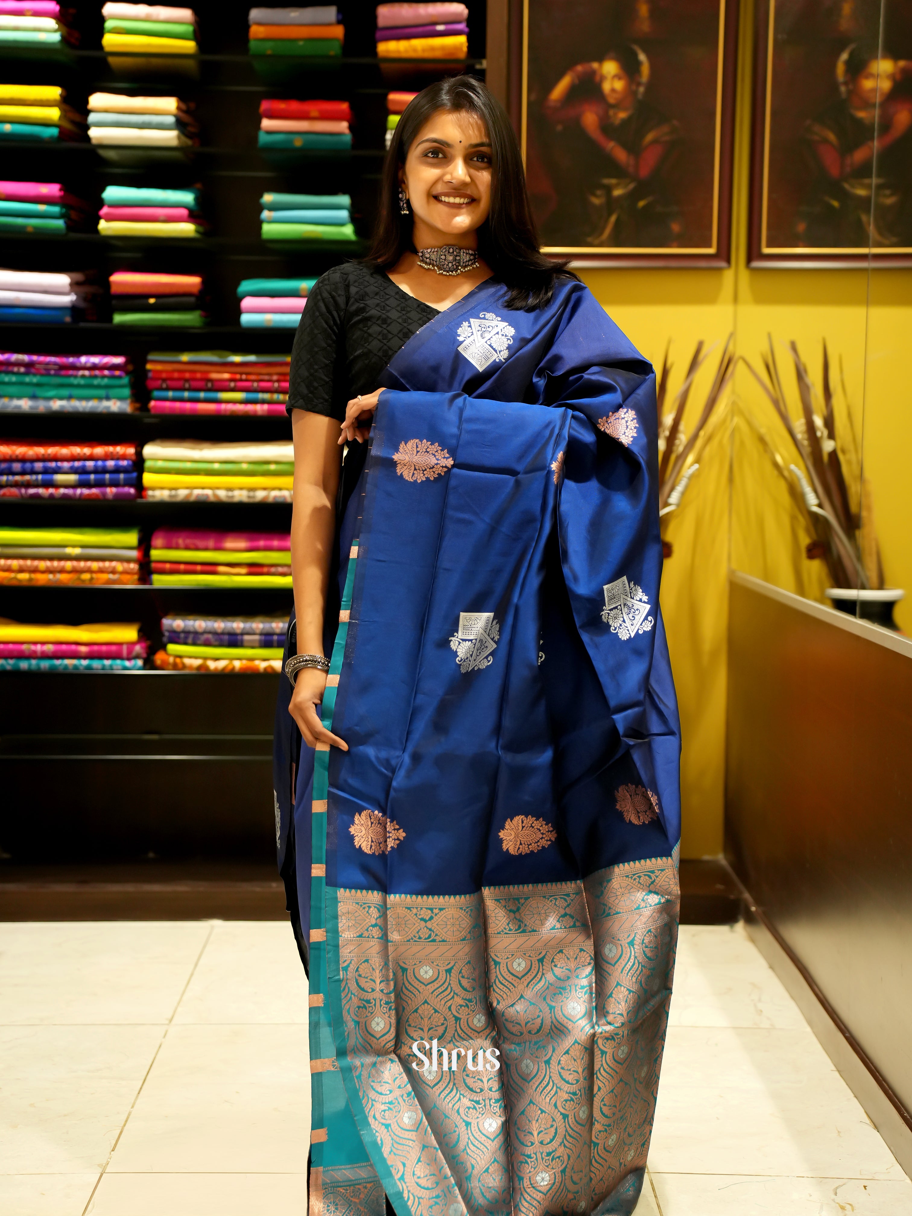 Blue And Peacock Green-Semi soft silk saree