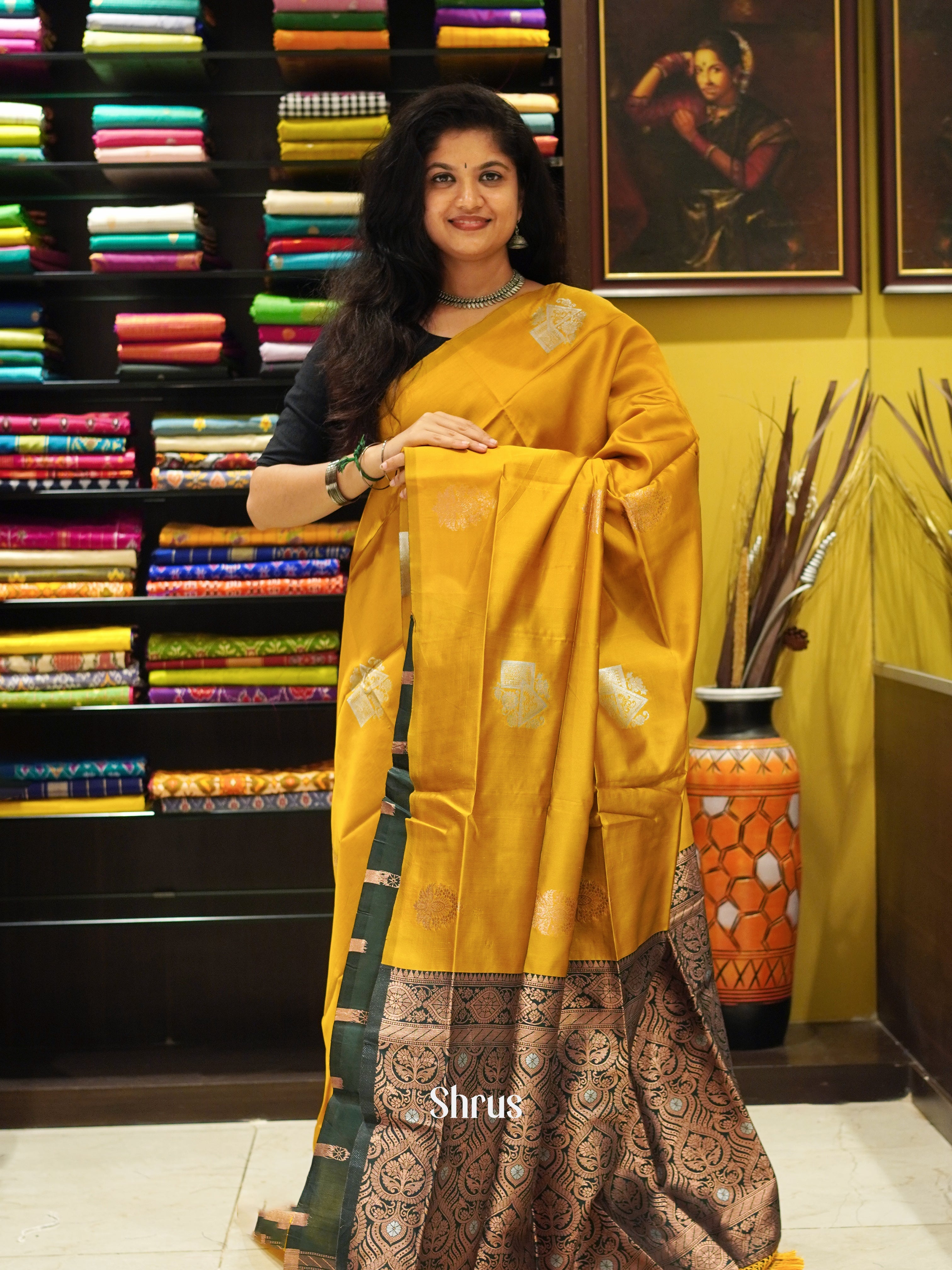 yellow & Green- Semi Softsilk Saree