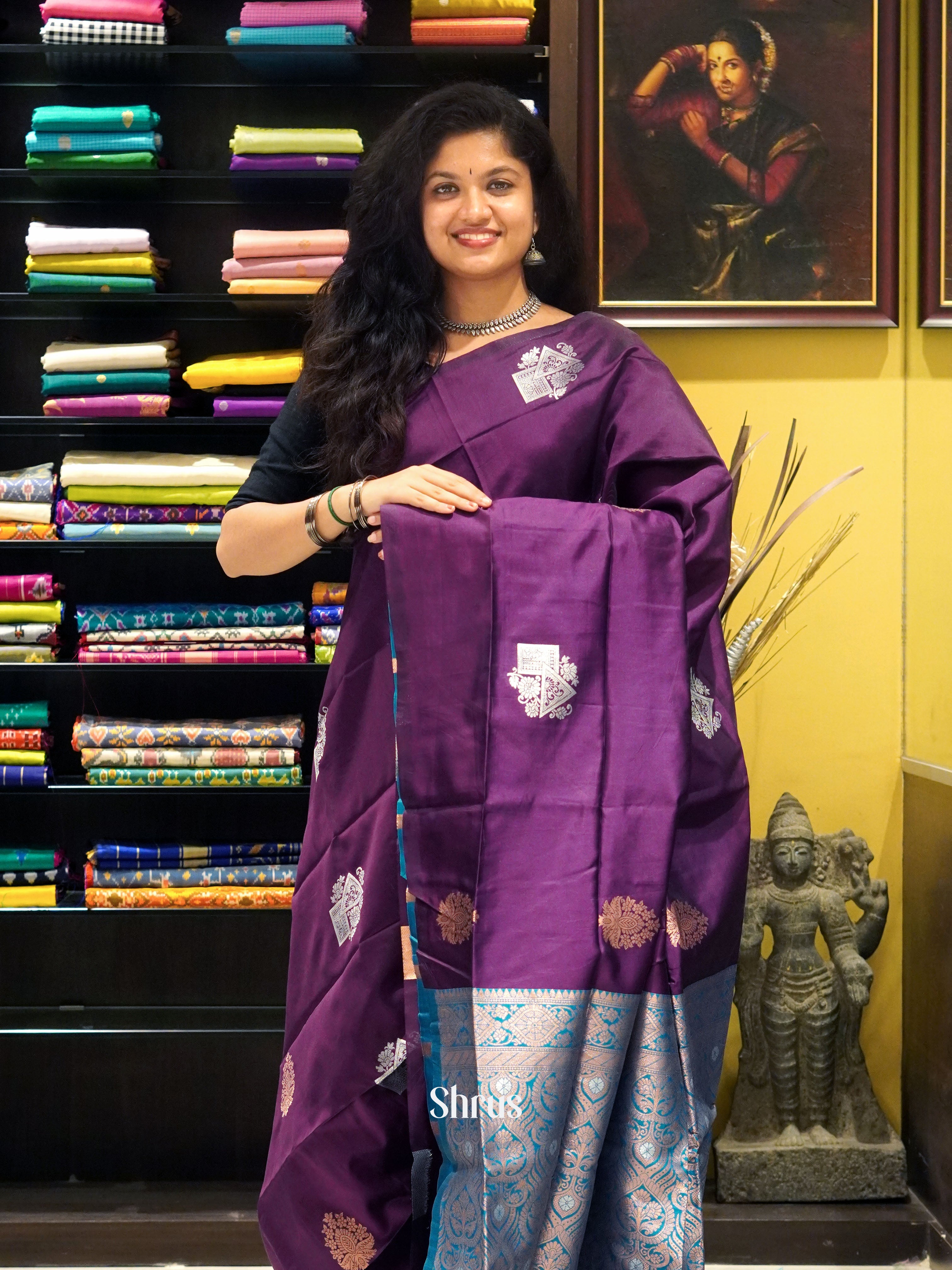 Wine And Blue-Semi soft silk saree