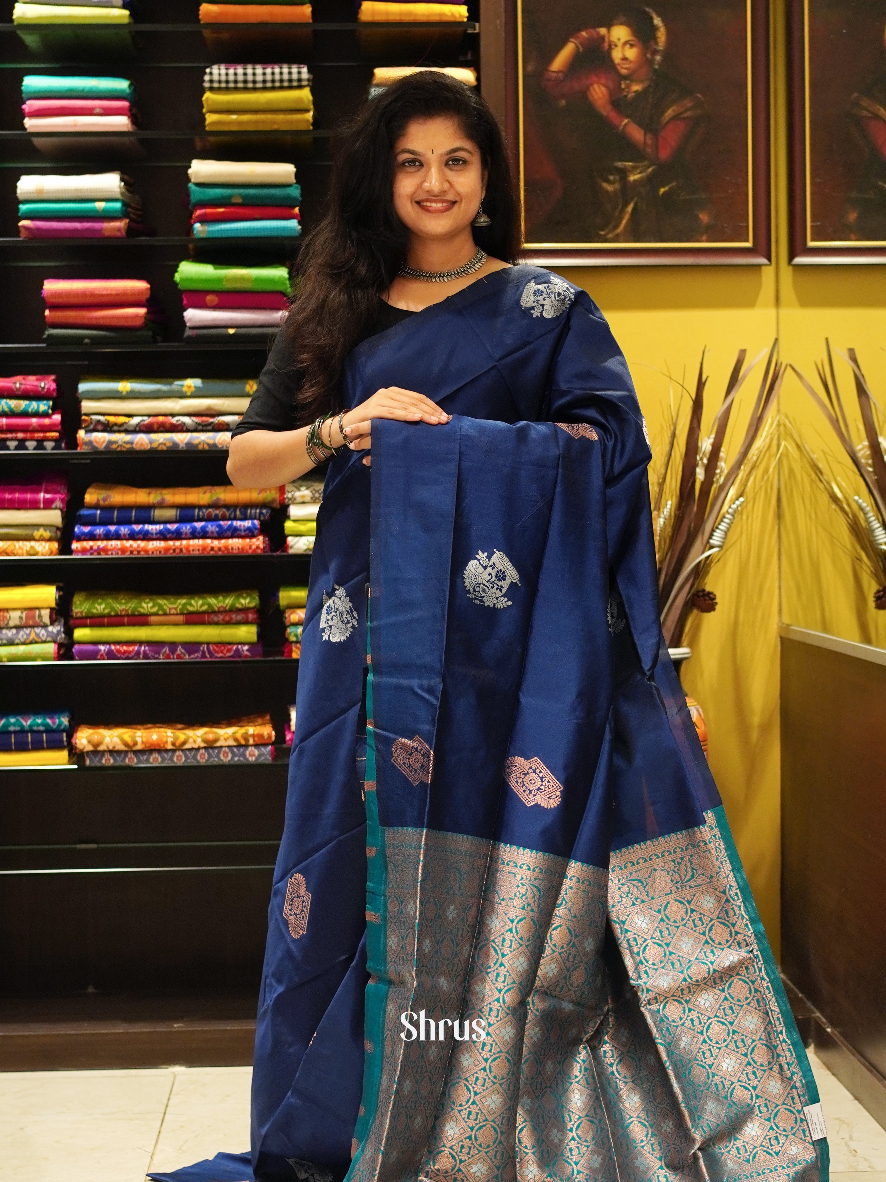 Blue and green - Semi Softsilk Saree