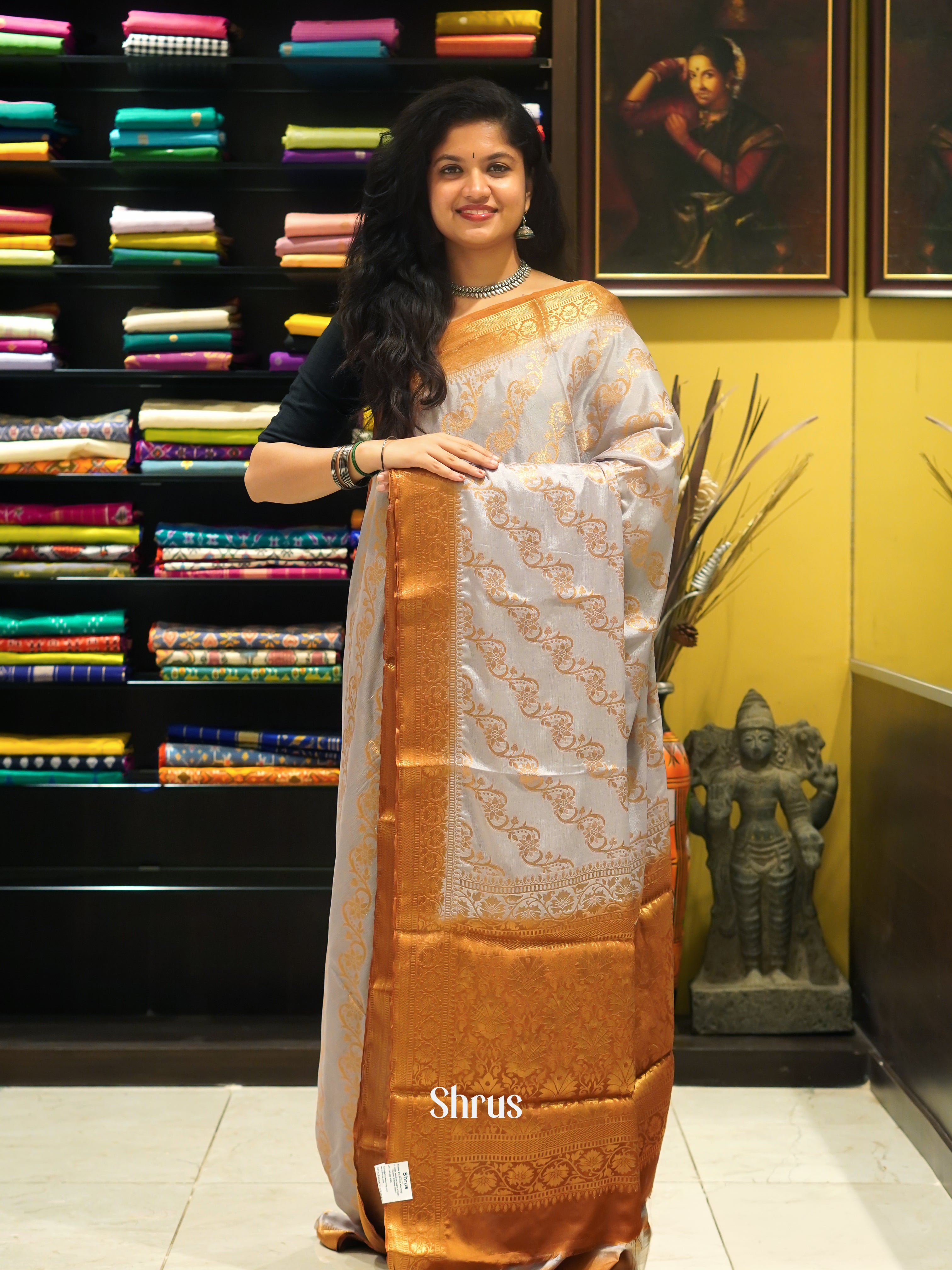 Grey & Brown  -Semi Georgette Saree