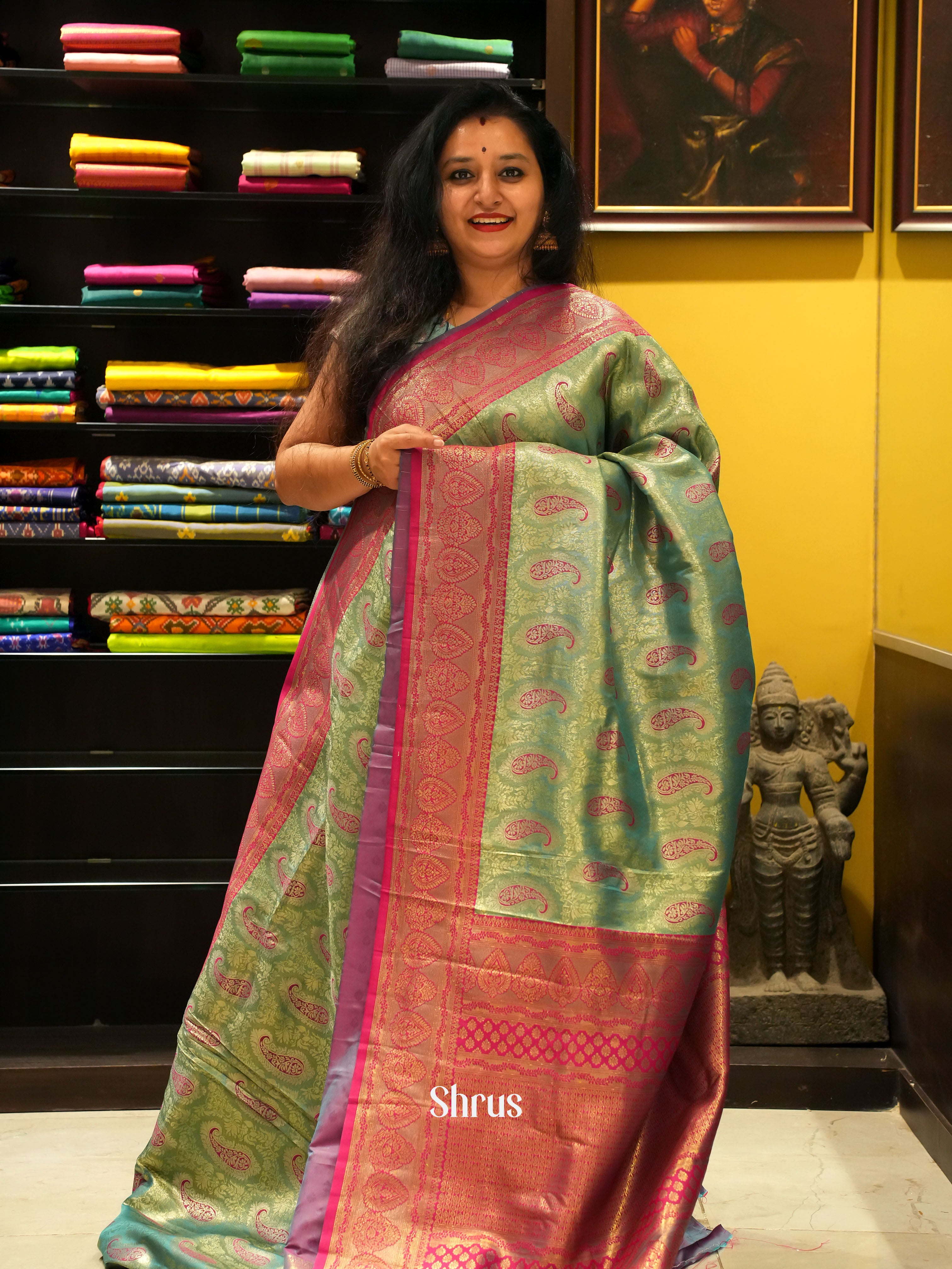 Green & Pink - Semi Tissue Saree