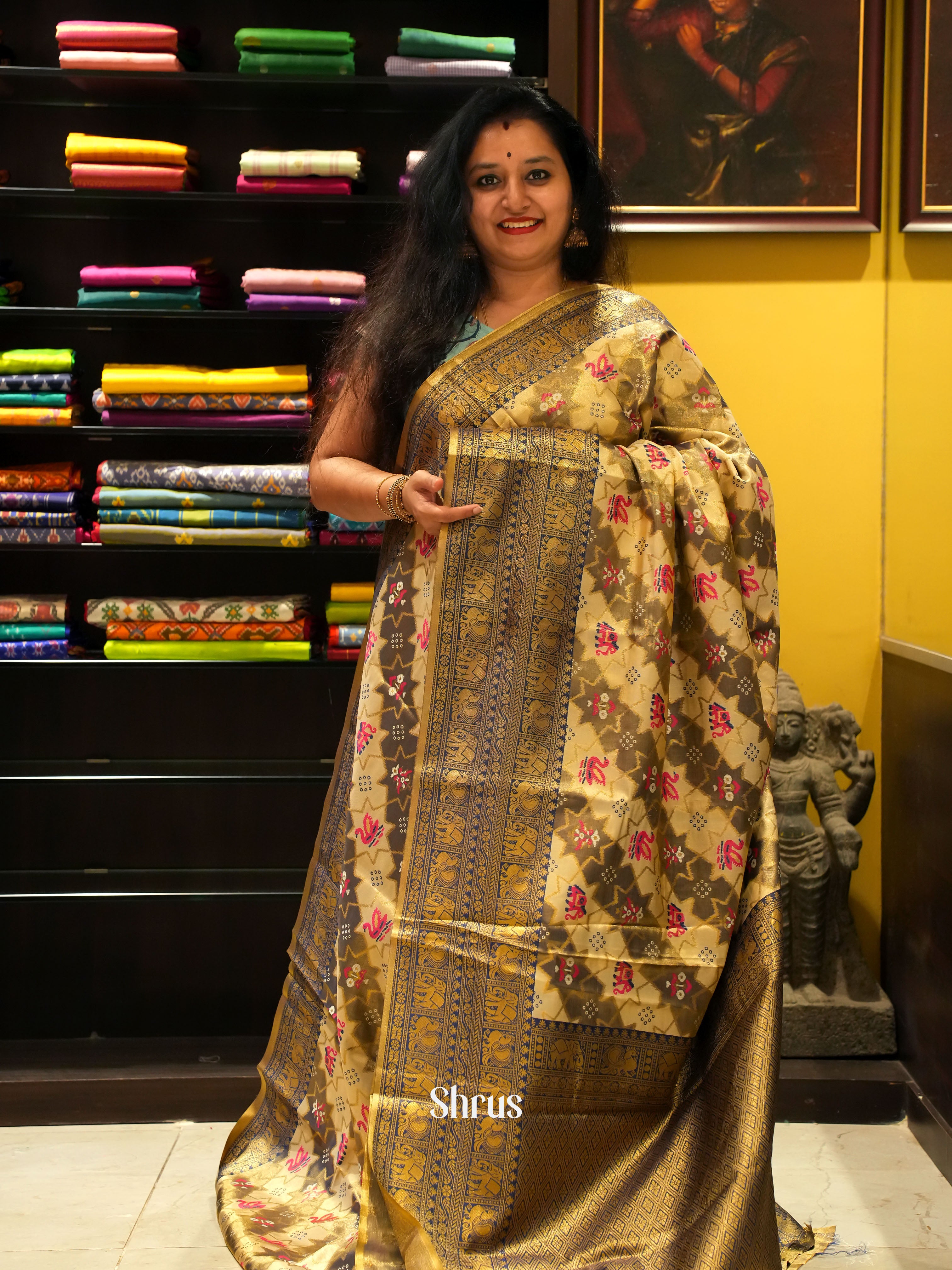 Grey & Cream - Semi Tissue saree