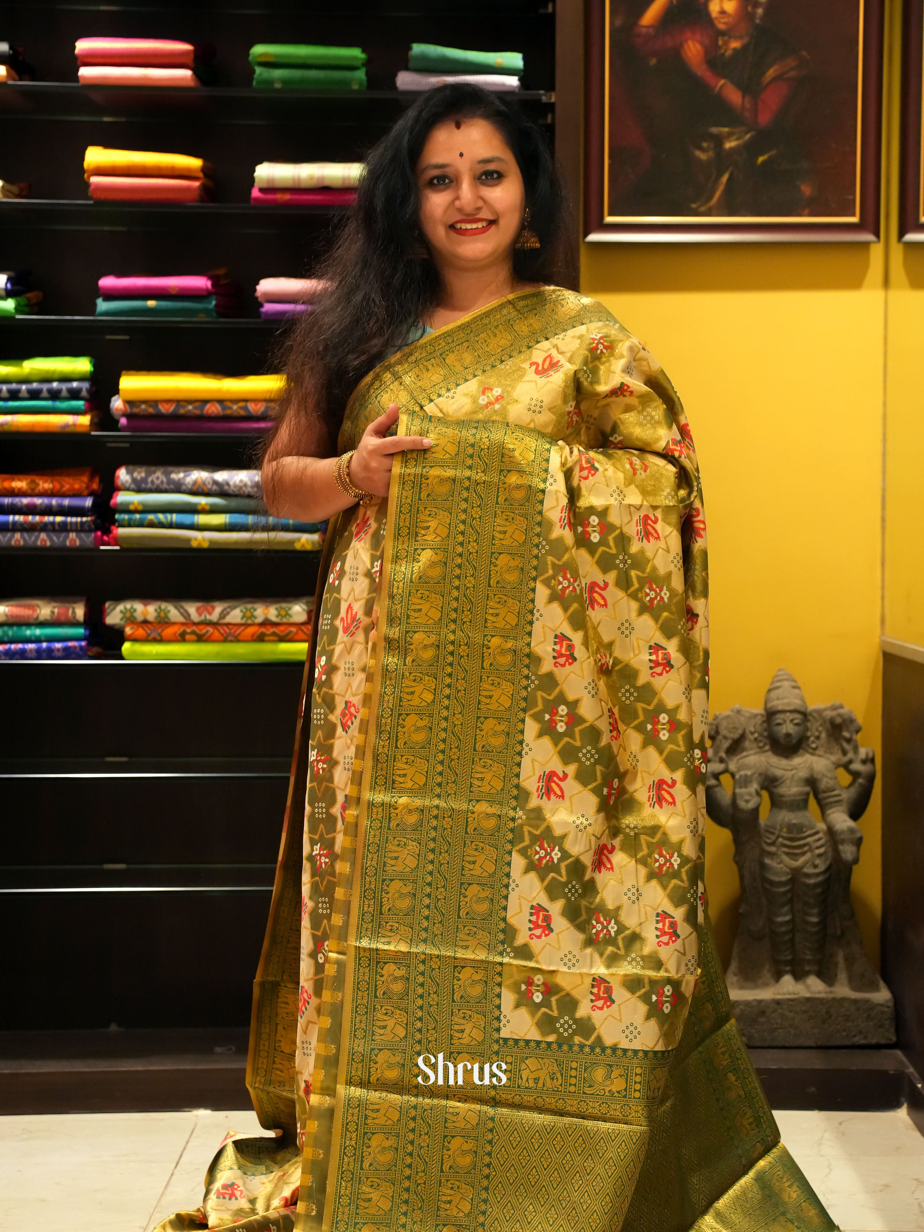 Green & Cream - Semi Tissue Saree