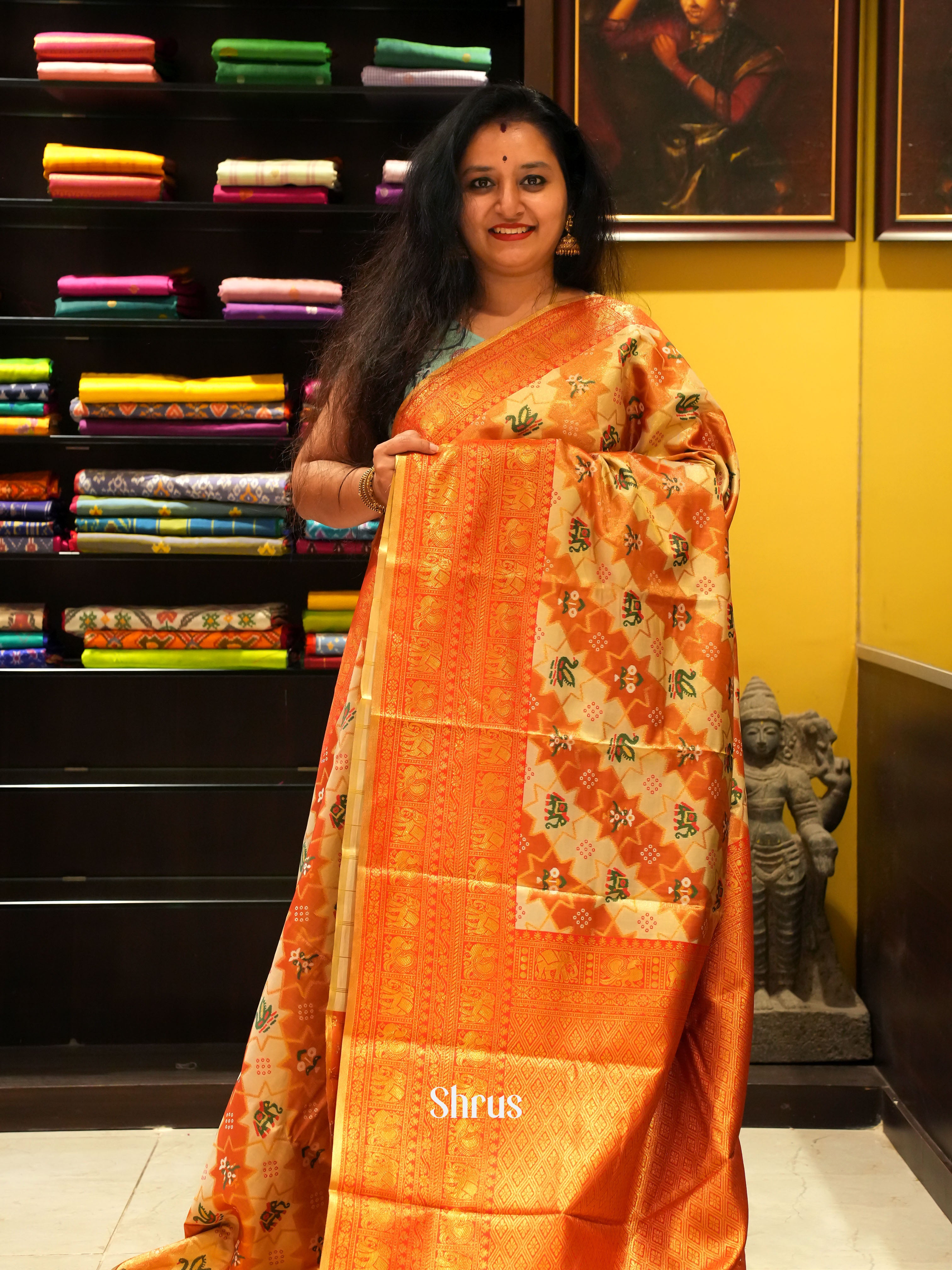 Orange & Cream - Semi Tissue Saree