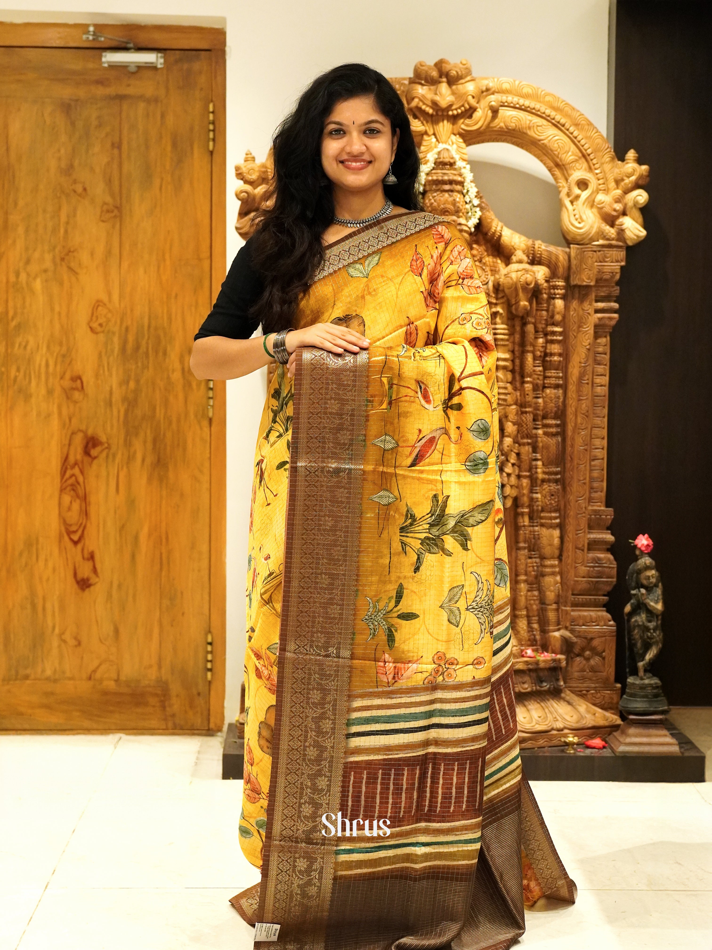 Yellow & Maroon - Semi Crepe Saree