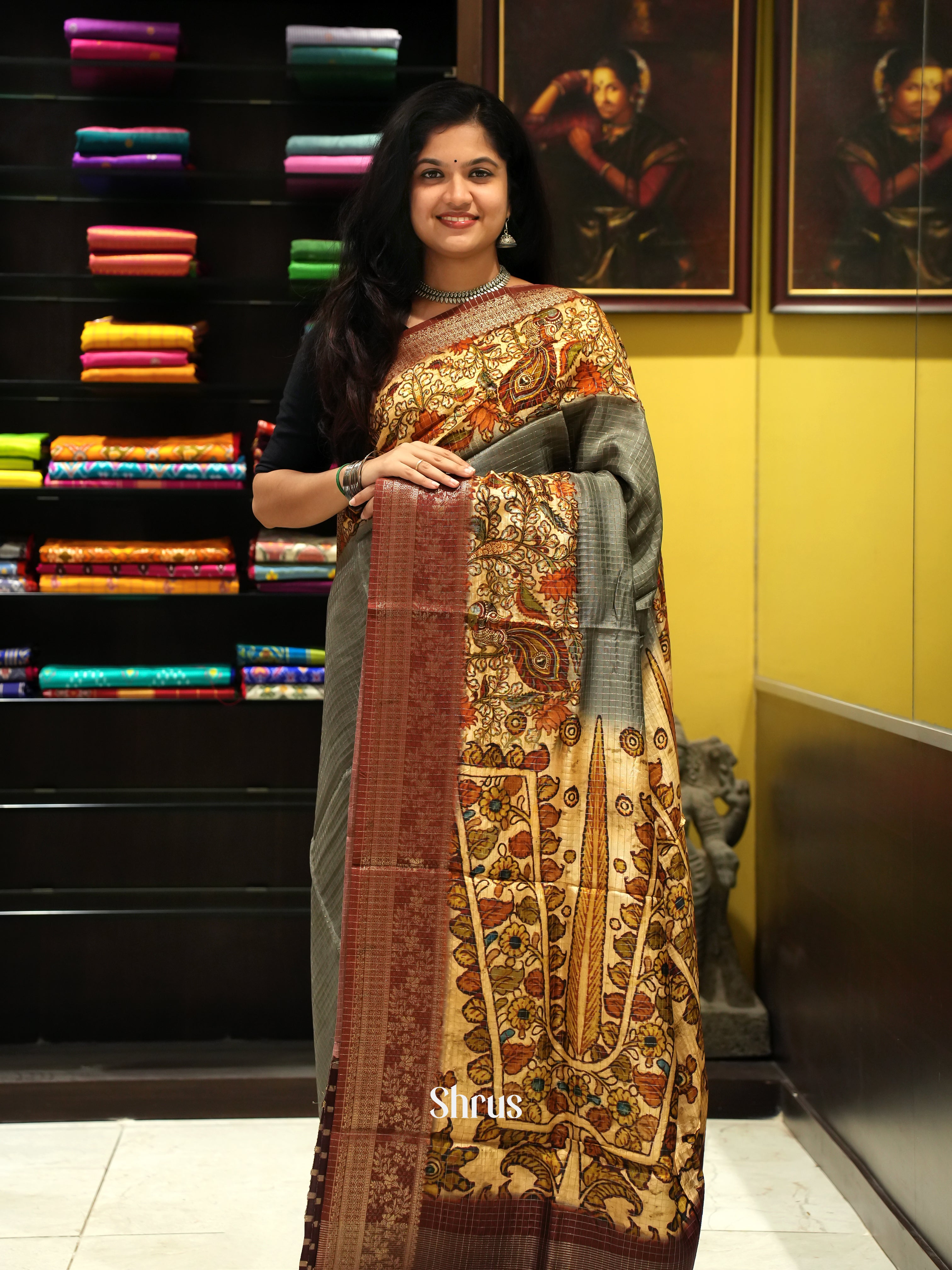 Grey & Beige - Semi Crepe Saree