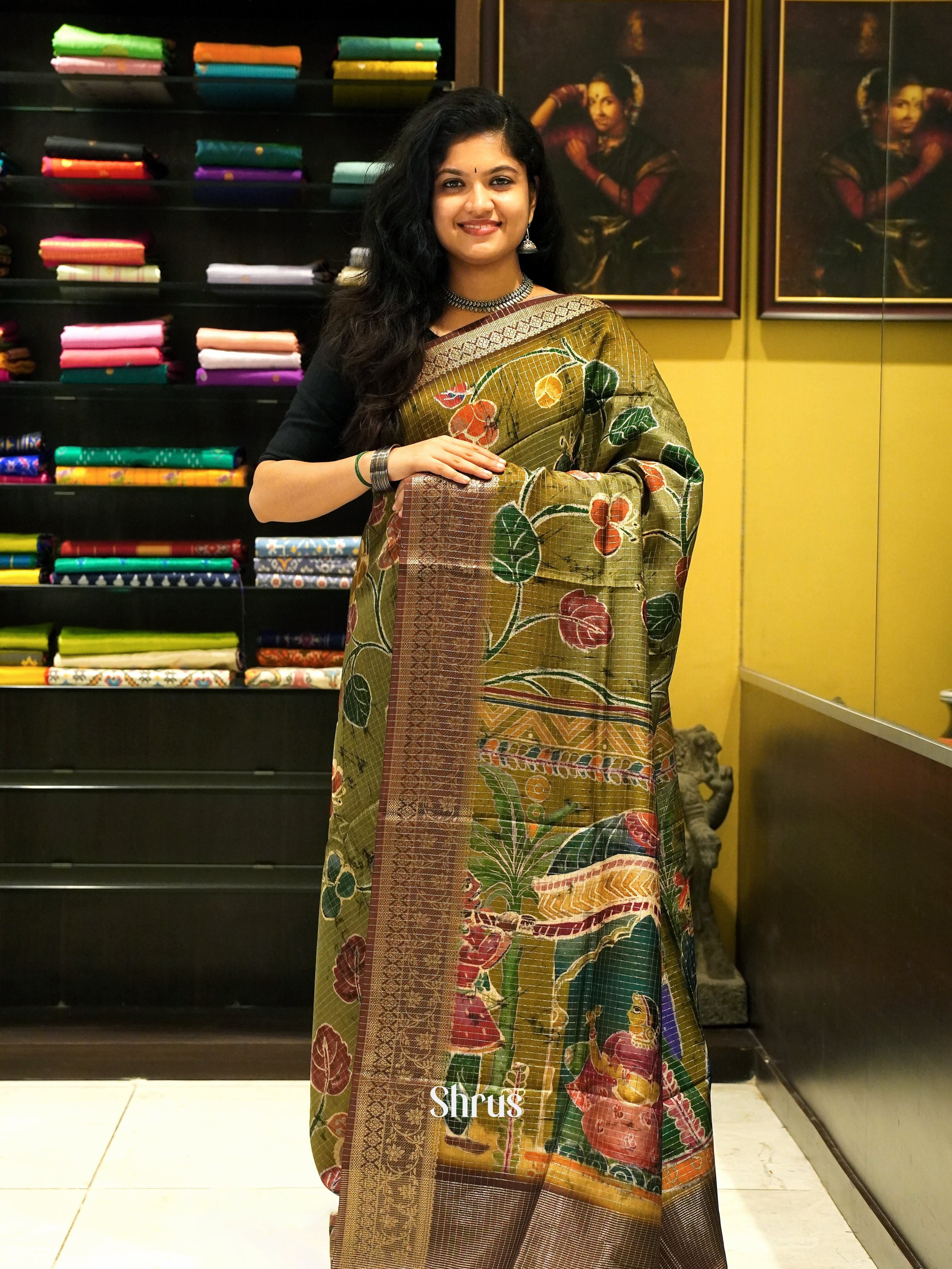 Green & MAroon - Semi Crepe Saree