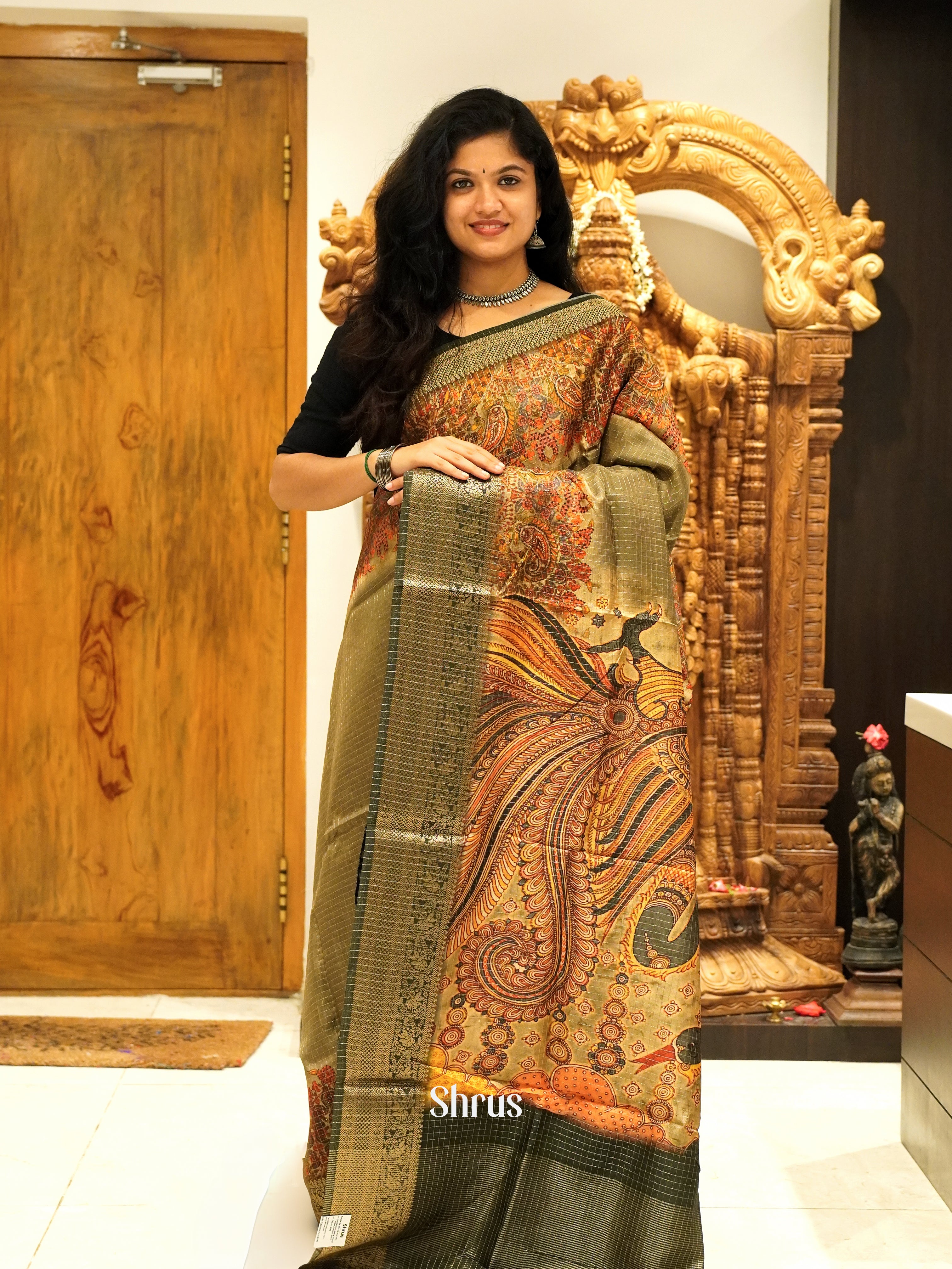 Elachi Green & Black  - Semi Crepe Saree