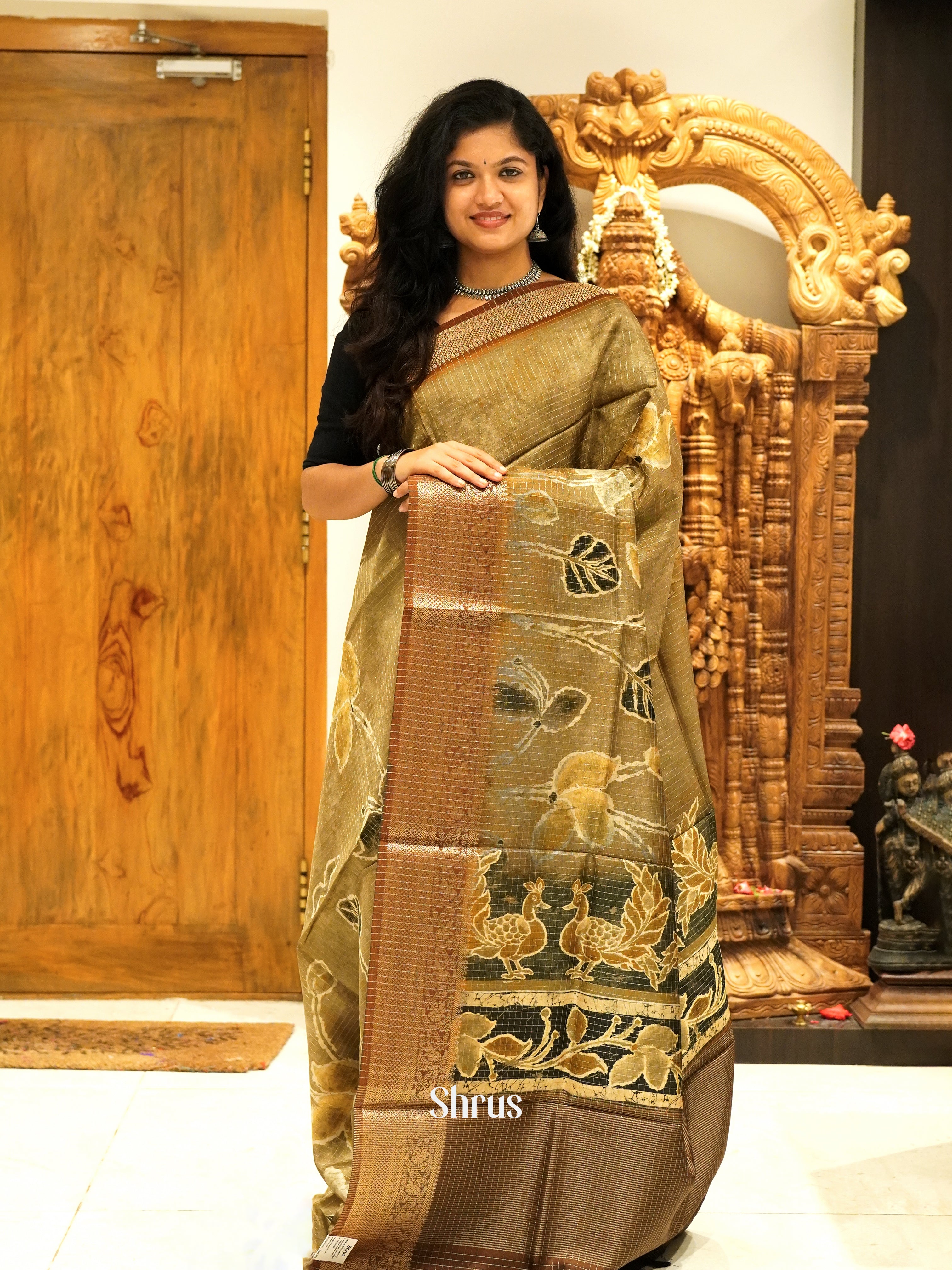 Elachi Green & Brown- Semi Crepe Saree