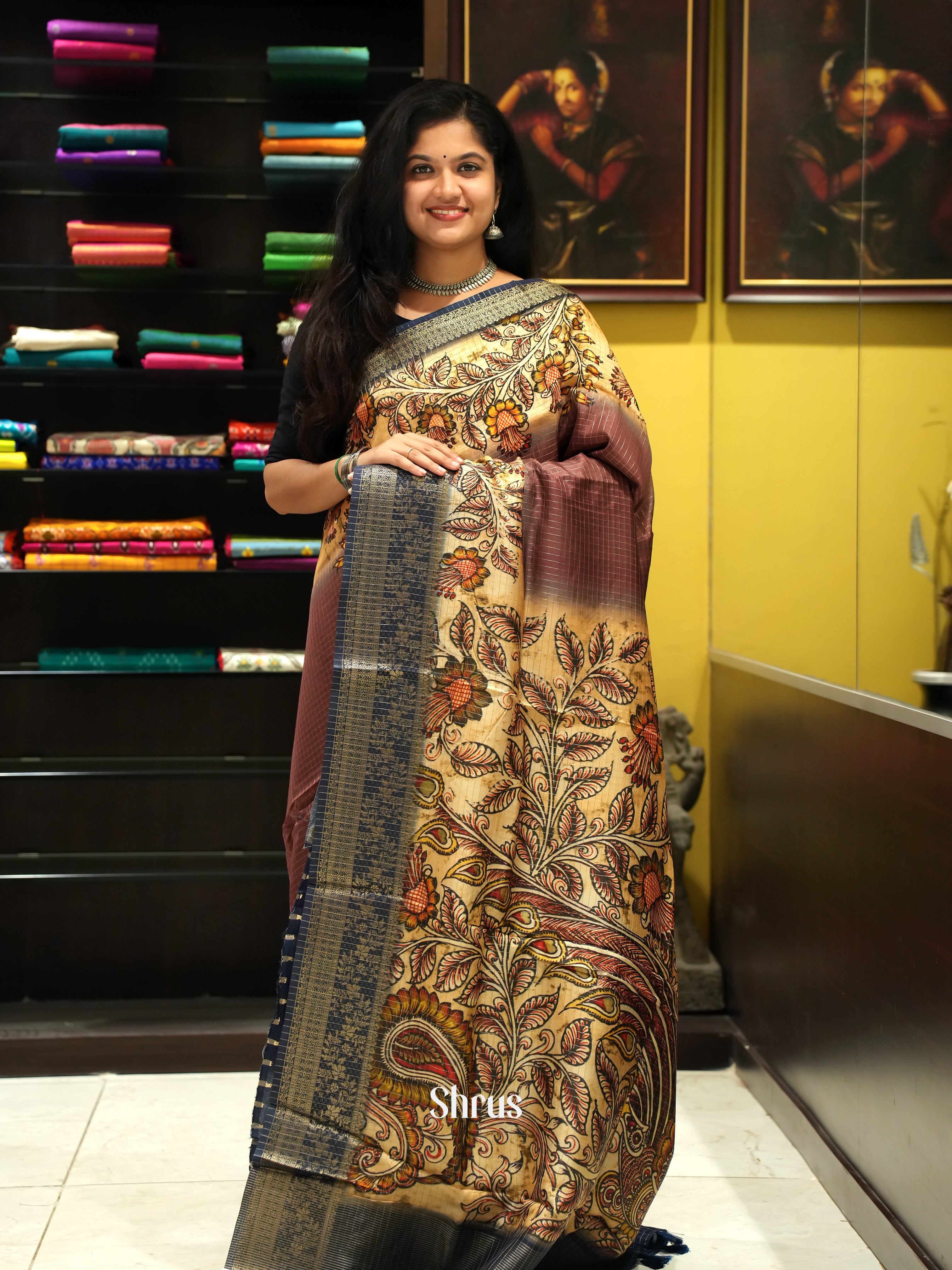 Brown & Blue - Semi Crepe Saree