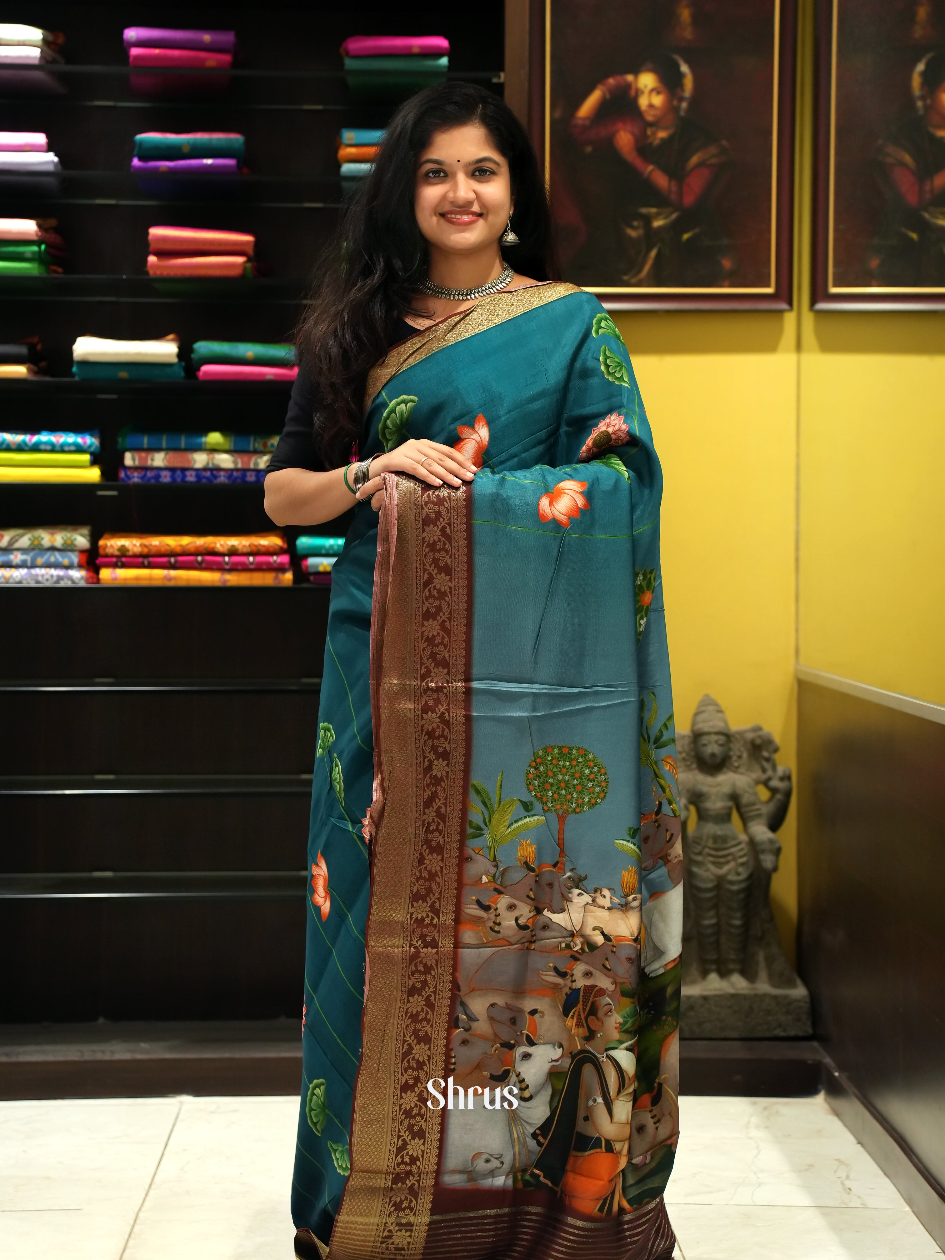 Blue &  Brown - Semi Crepe Saree