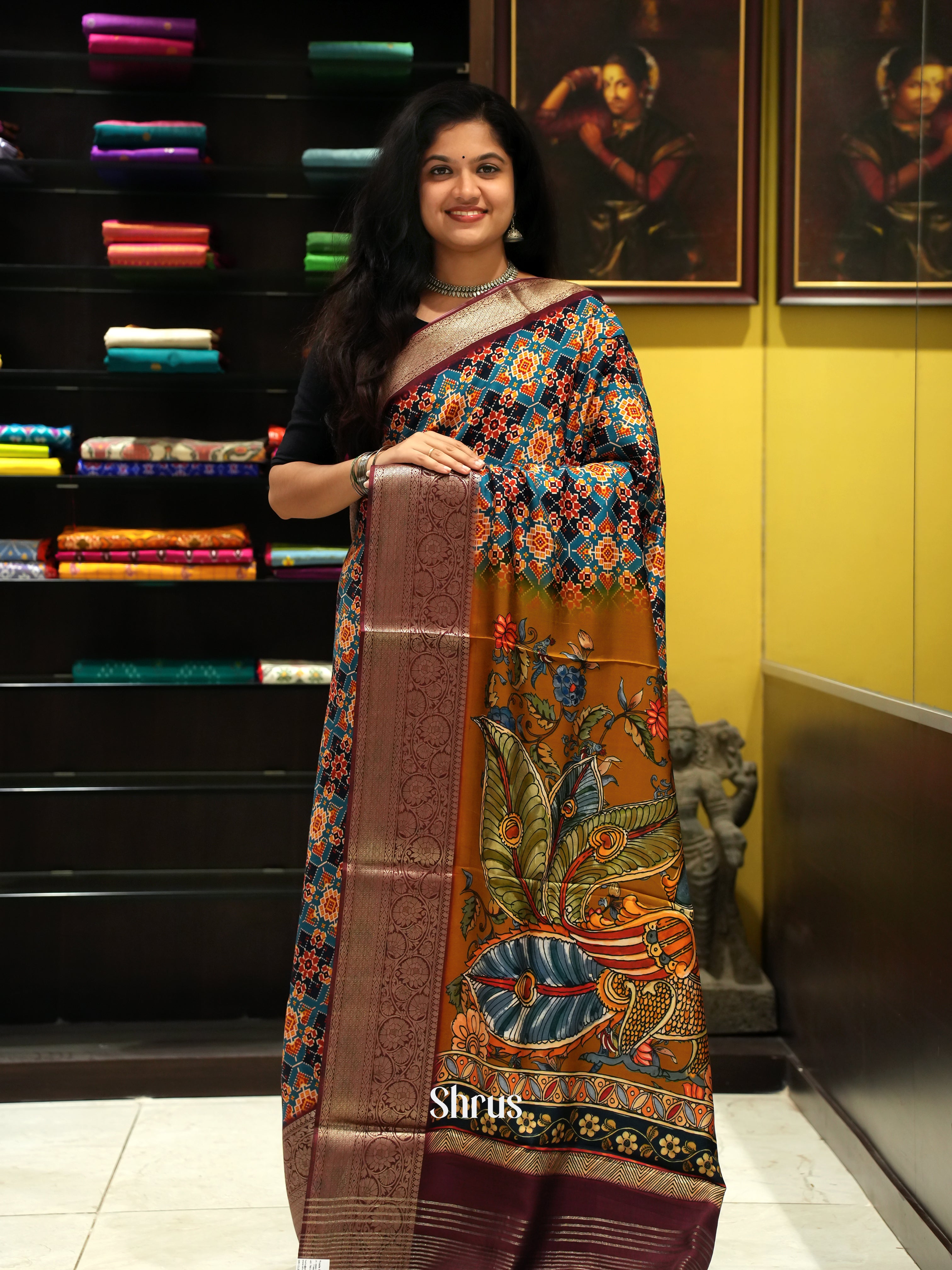 Blue & Brown  - Semi Crepe Saree