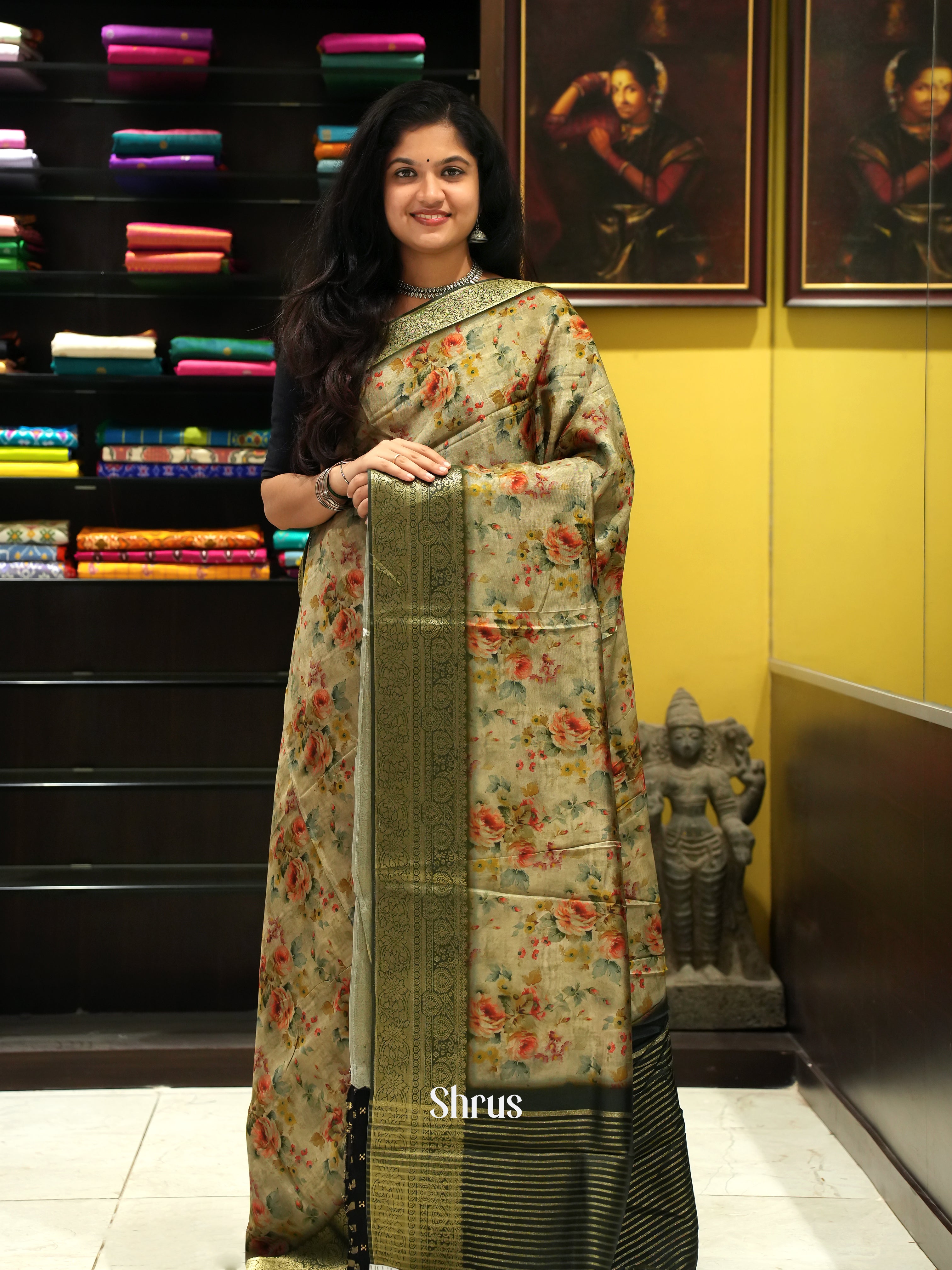 Beige & Black - Semi Crepe Saree