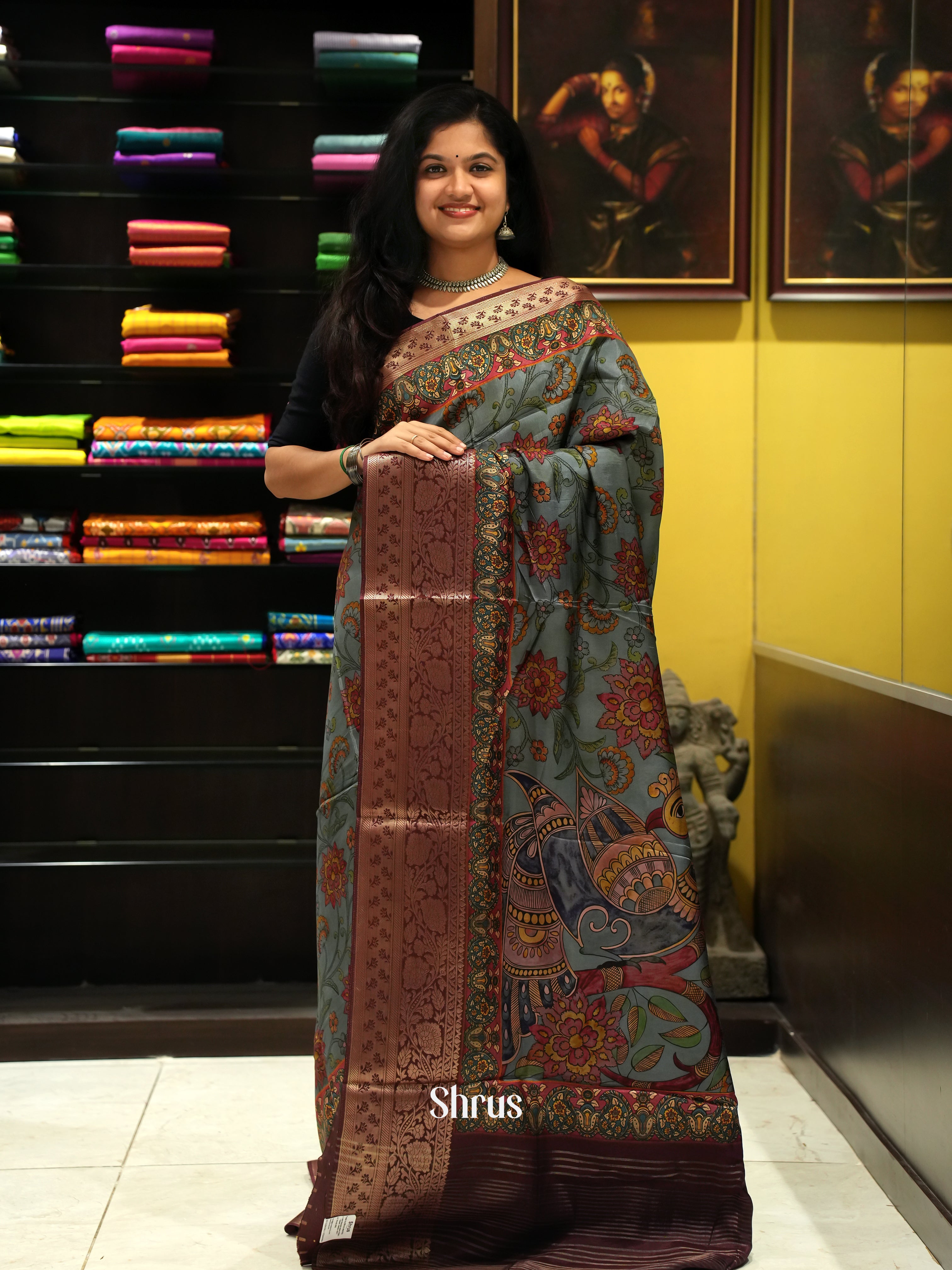 Grey & Brown - Semi Crepe Saree