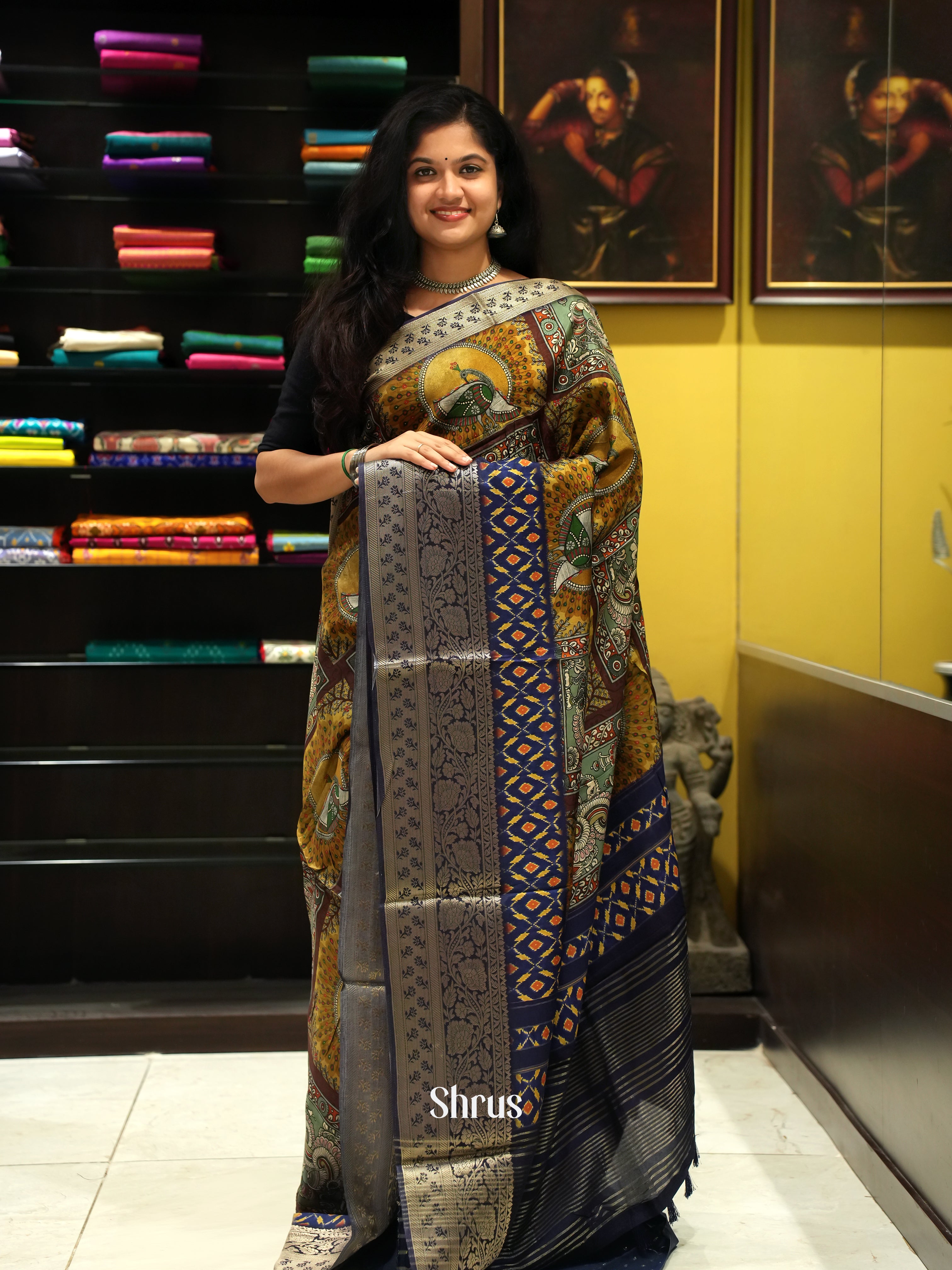 Mustard & Blue - Semi Crepe Saree