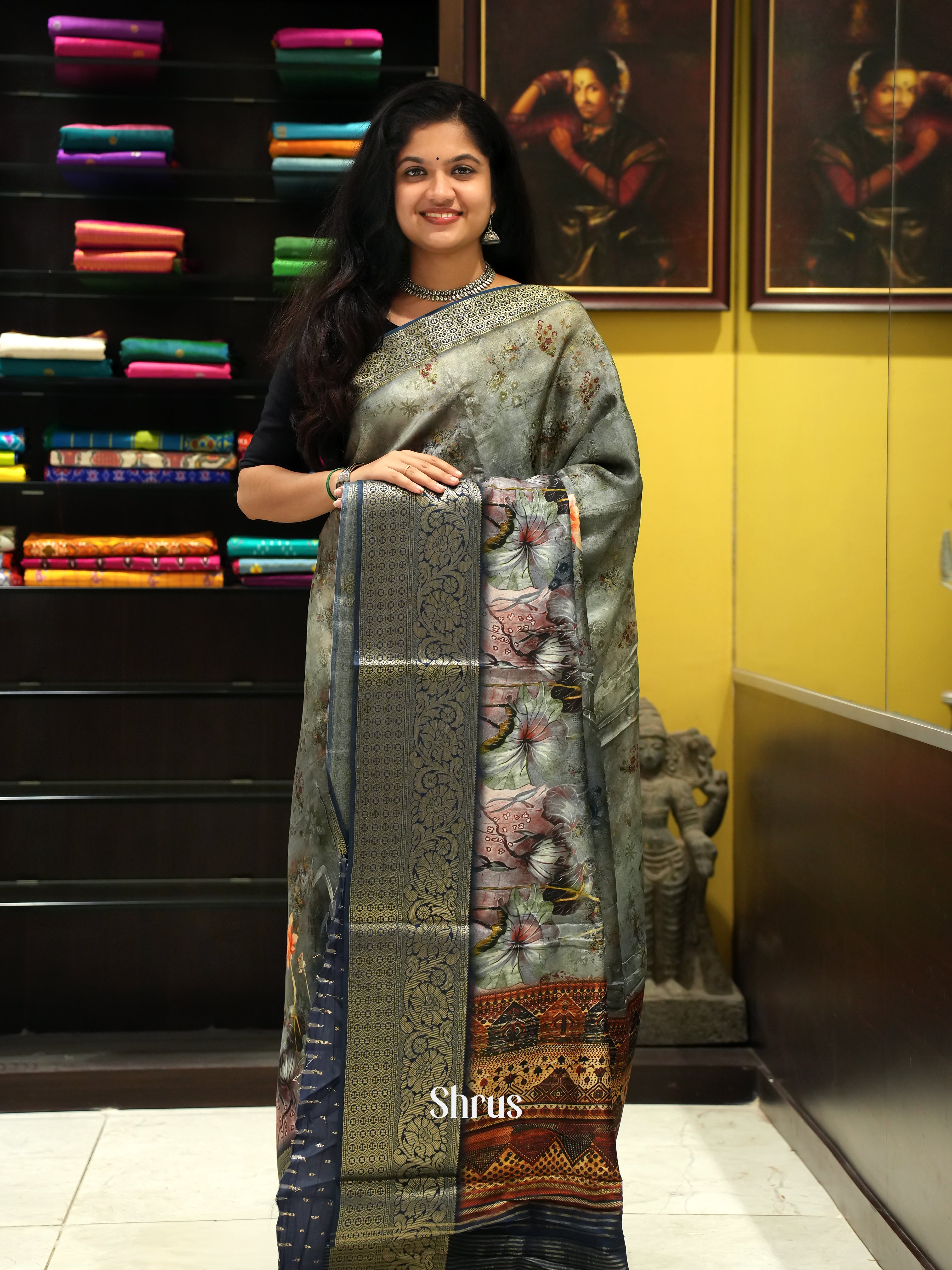 Grey & Blue - Semi Crepe Saree