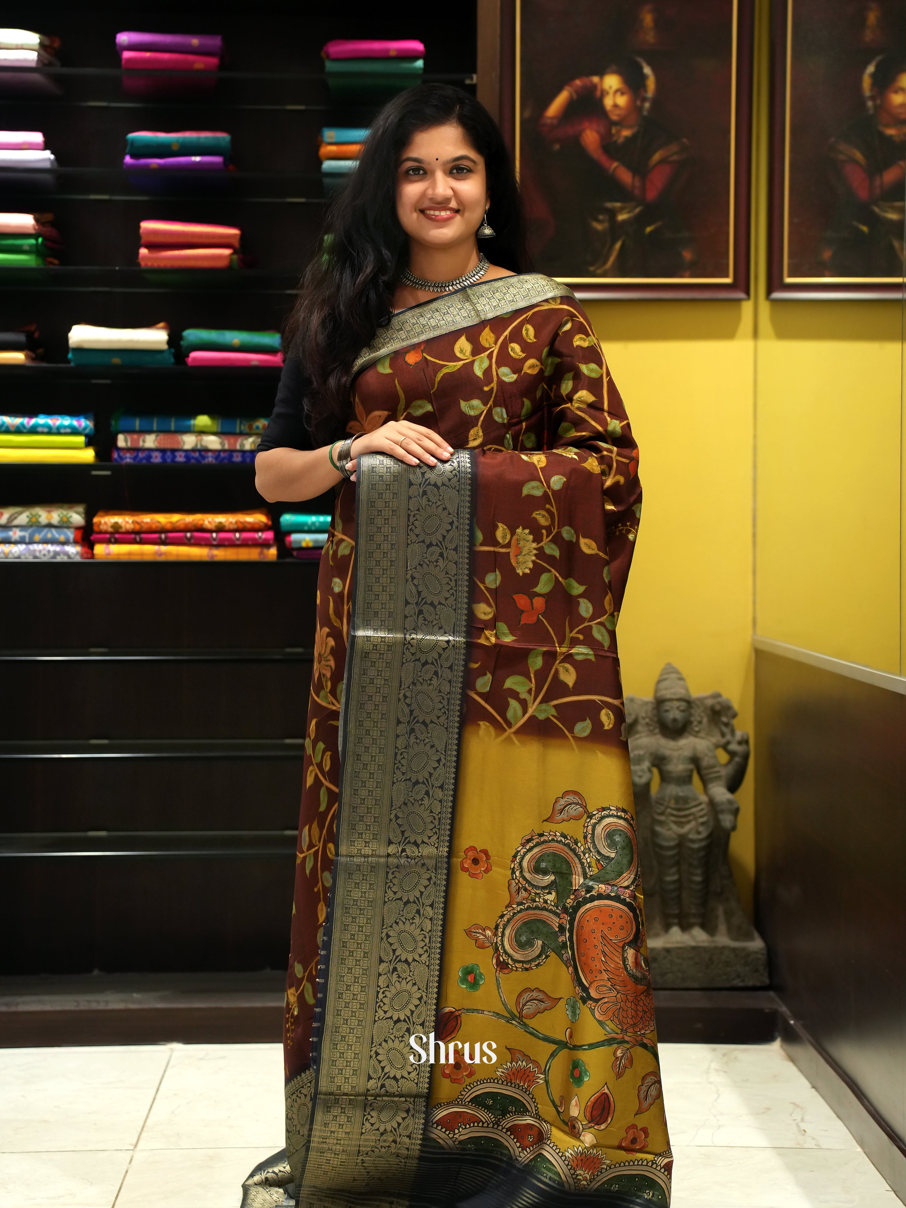 Brown & Yellow - Semi Crepe Saree