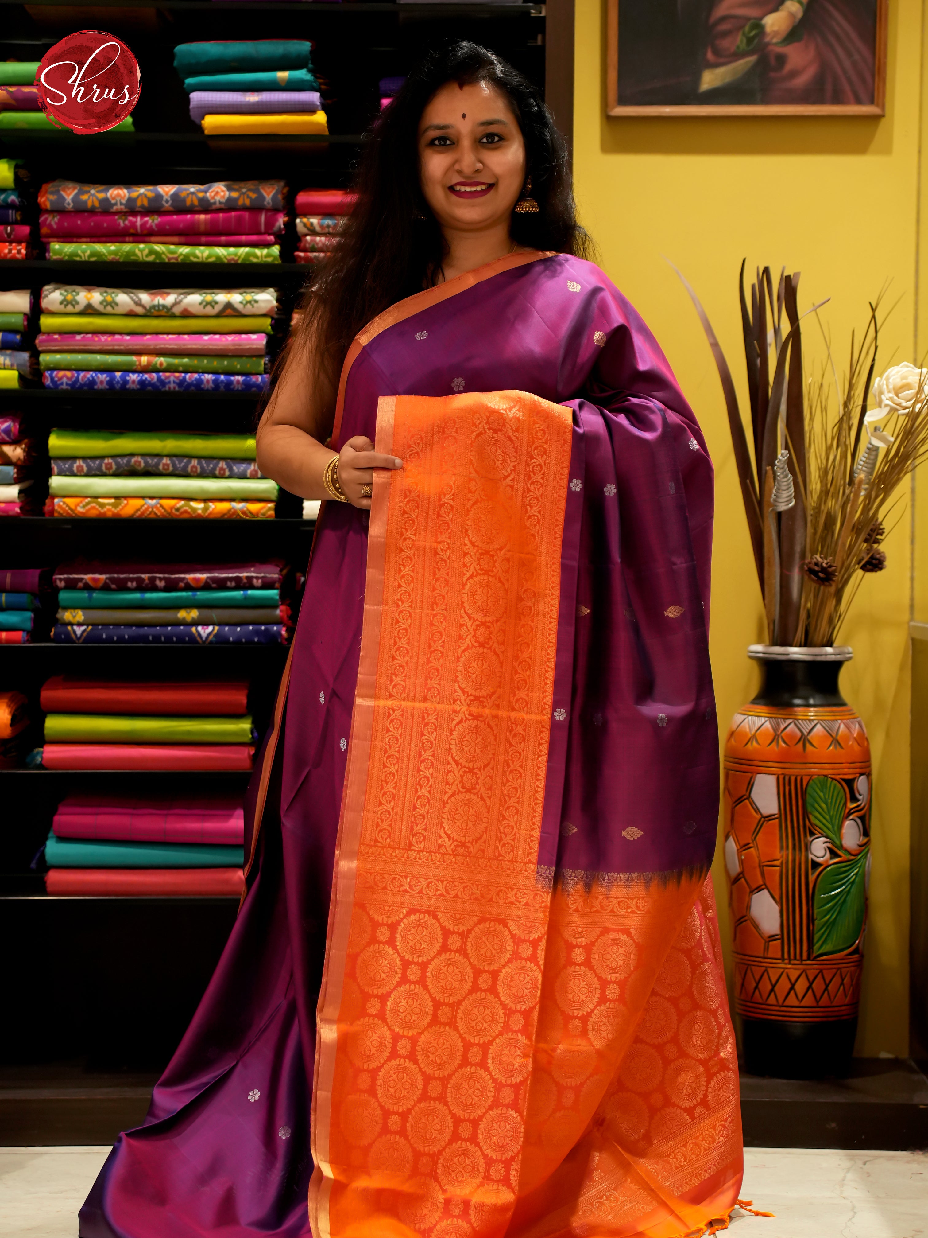 Wine & Orange - Soft Silk Saree - Shop on ShrusEternity.com