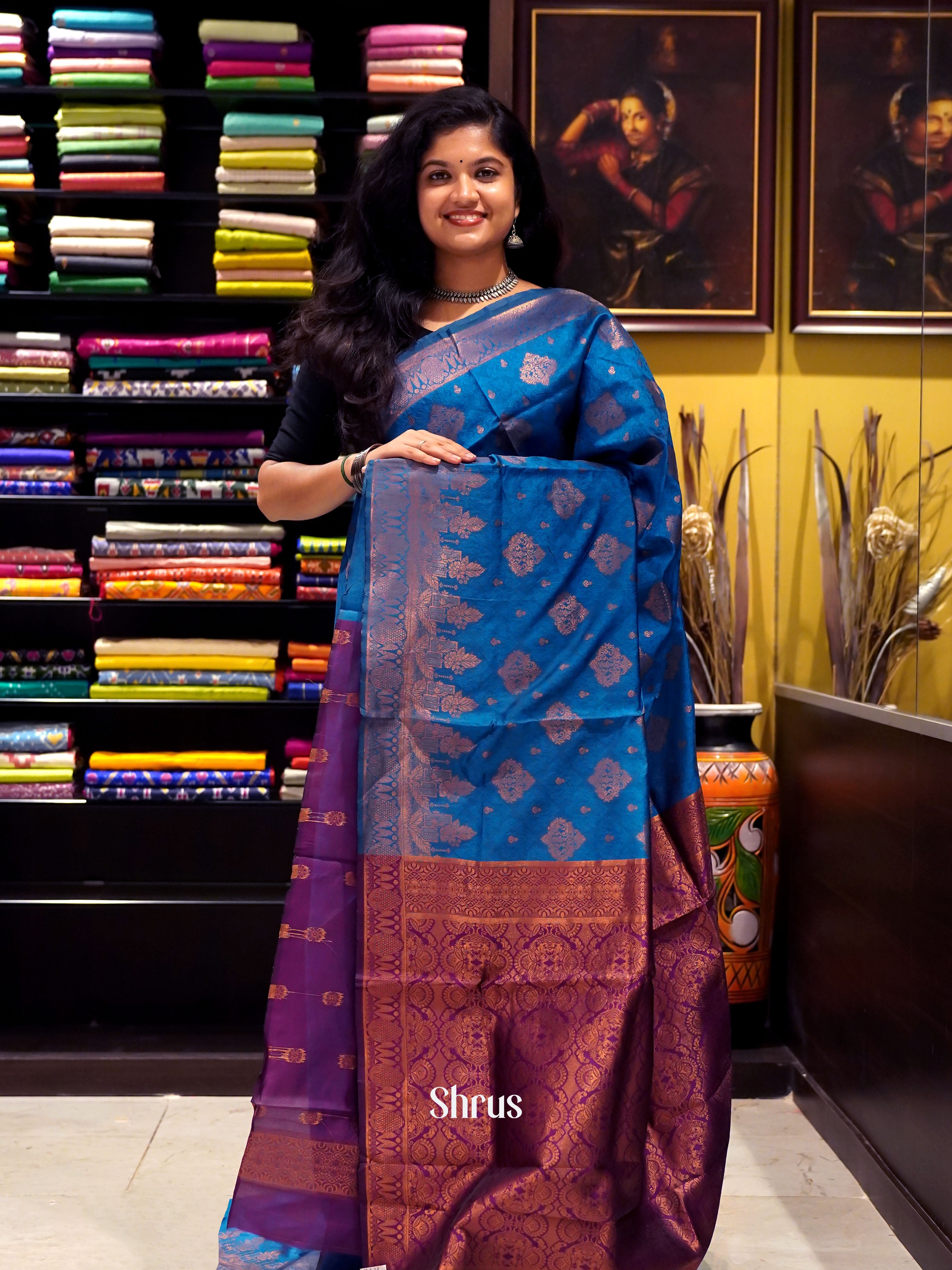 Blue & Wine- Semi Soft Silk Saree