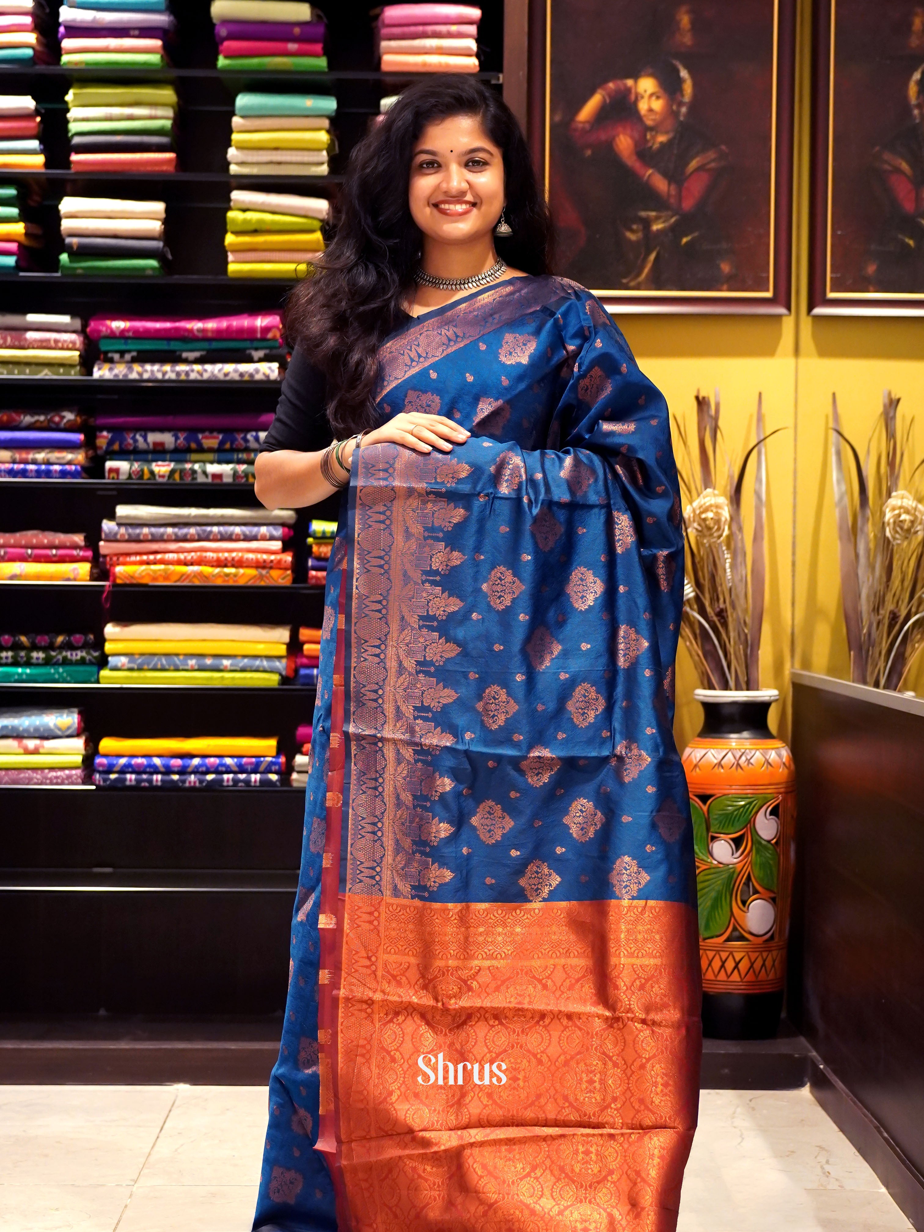 Blue & Maroon - Semi Softsilk Saree