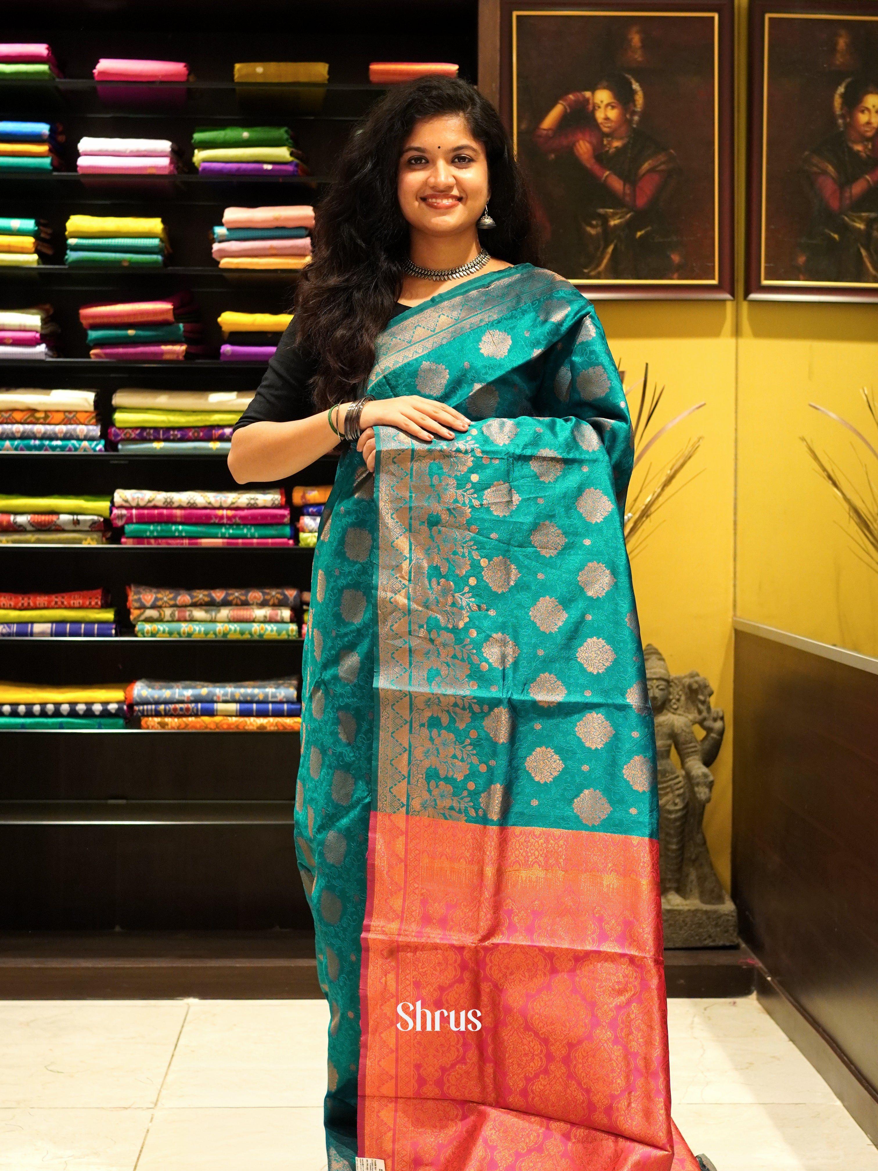 Green & Pink - Semi Softsilk  Saree