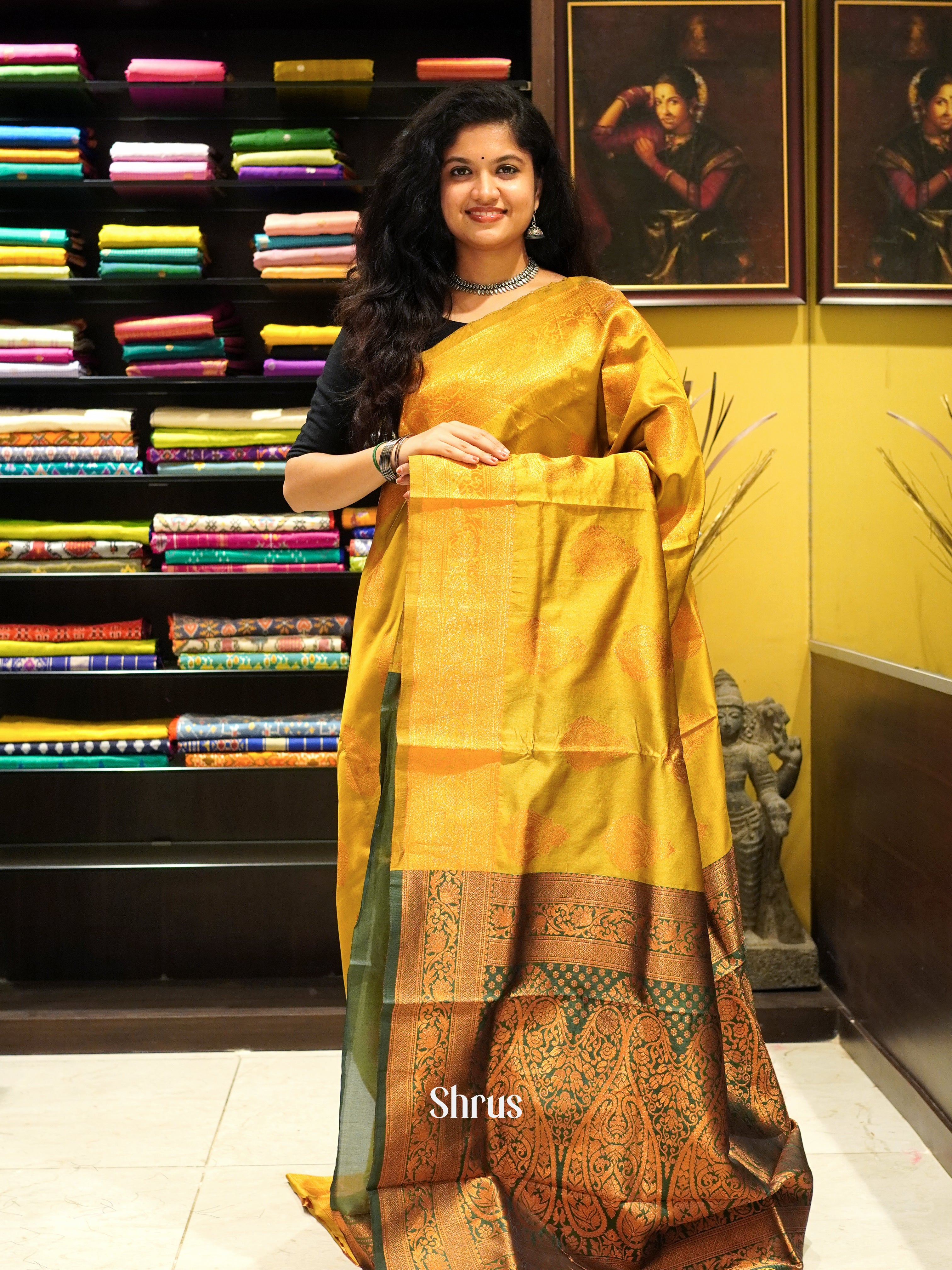 mustard and green- Semi Soft Silk Saree