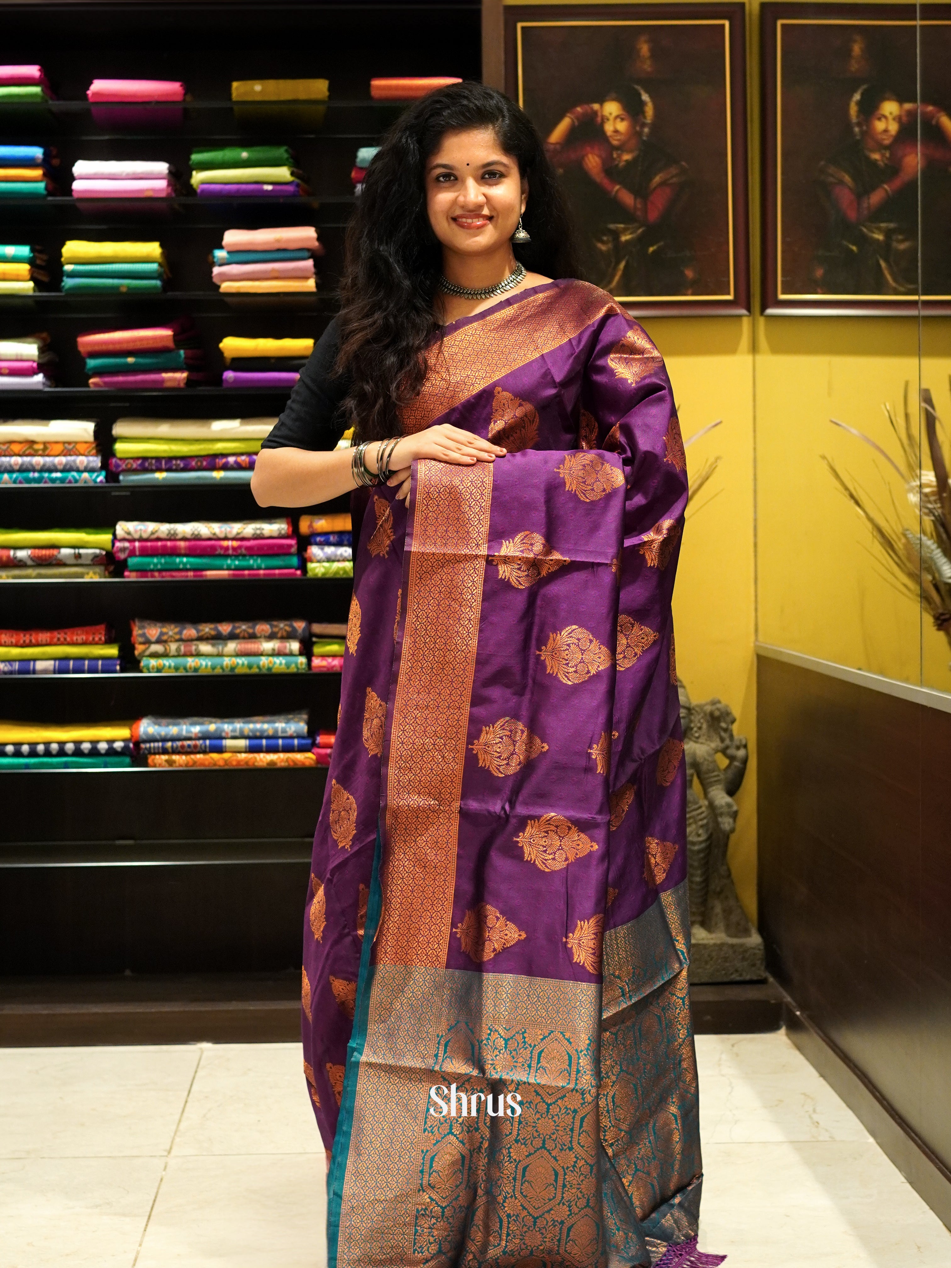 Wine and Green - Semi Softsilk Saree