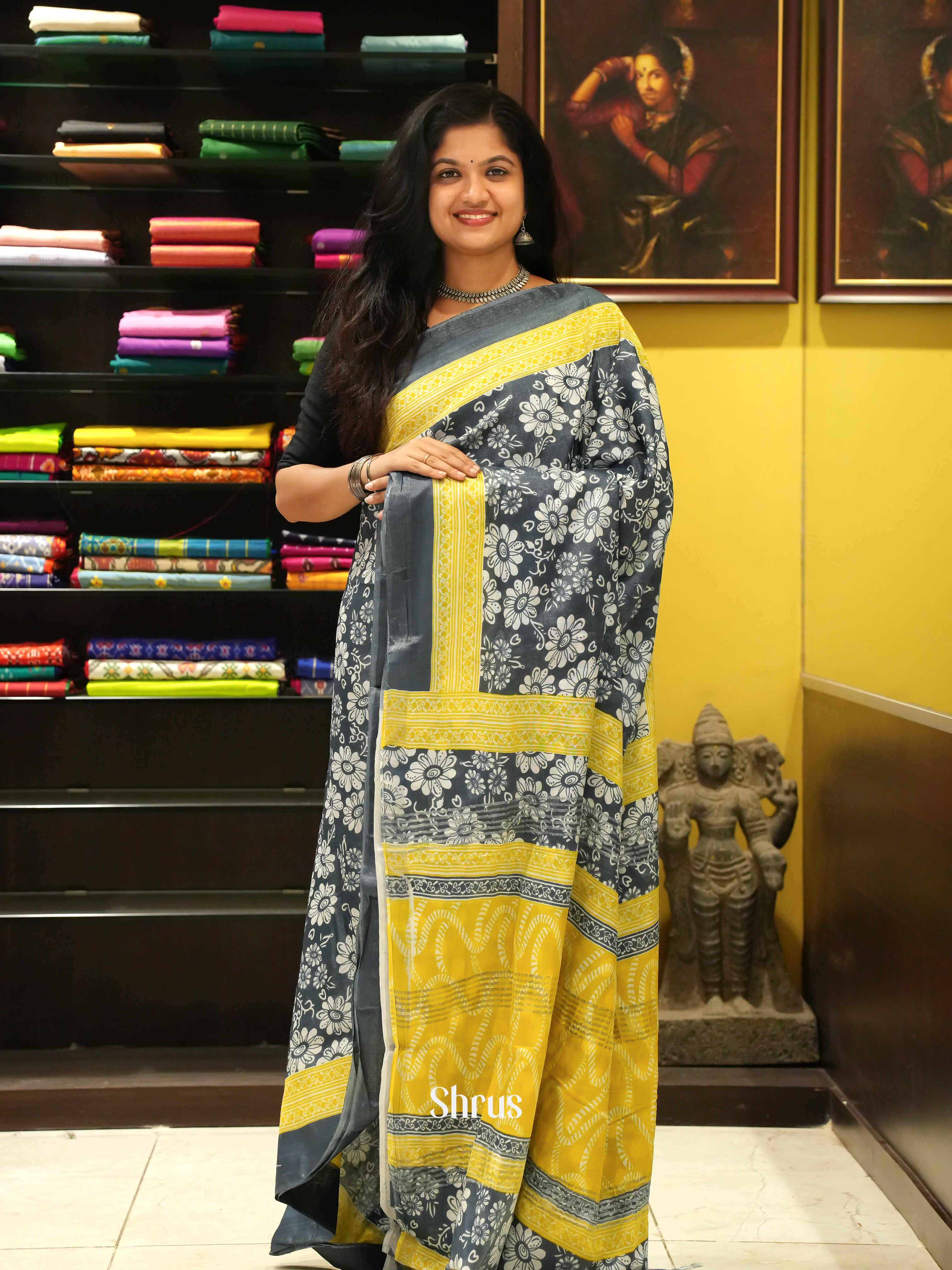 Grey & Yellow - Jaipur cotton Saree