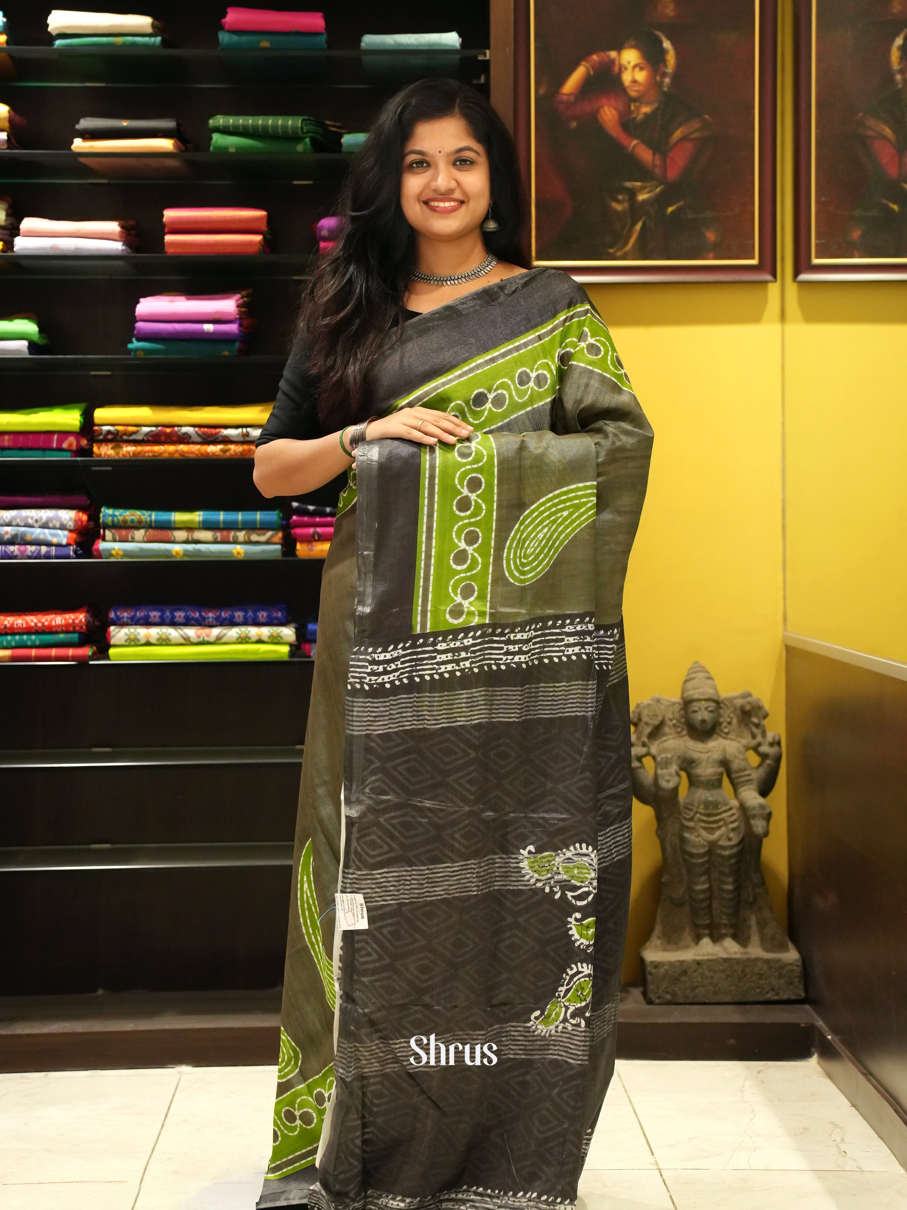 Grey &  Green - Jaipur cotton Saree