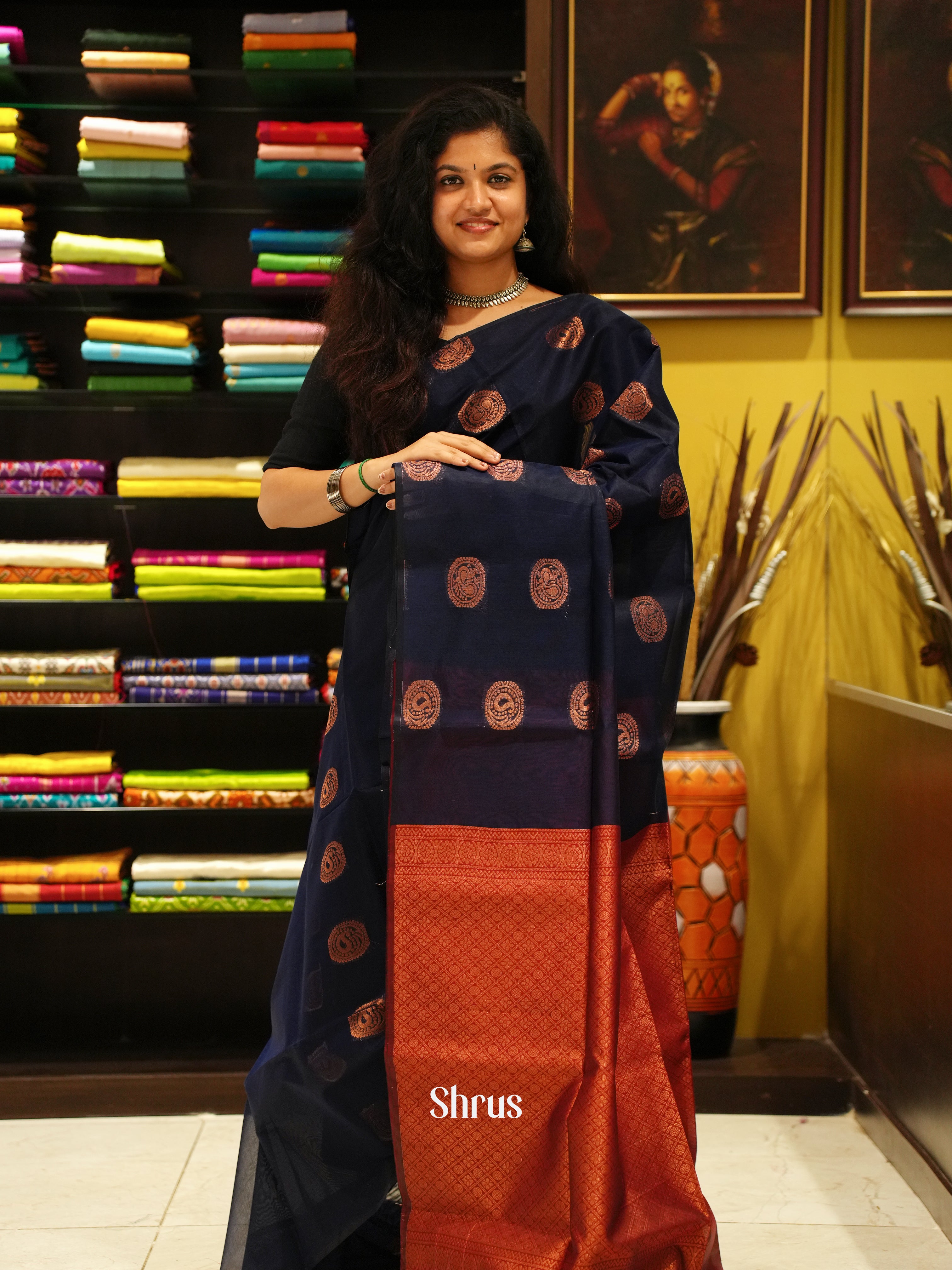 Blue  & Maroon -Semi Silkcotton Saree