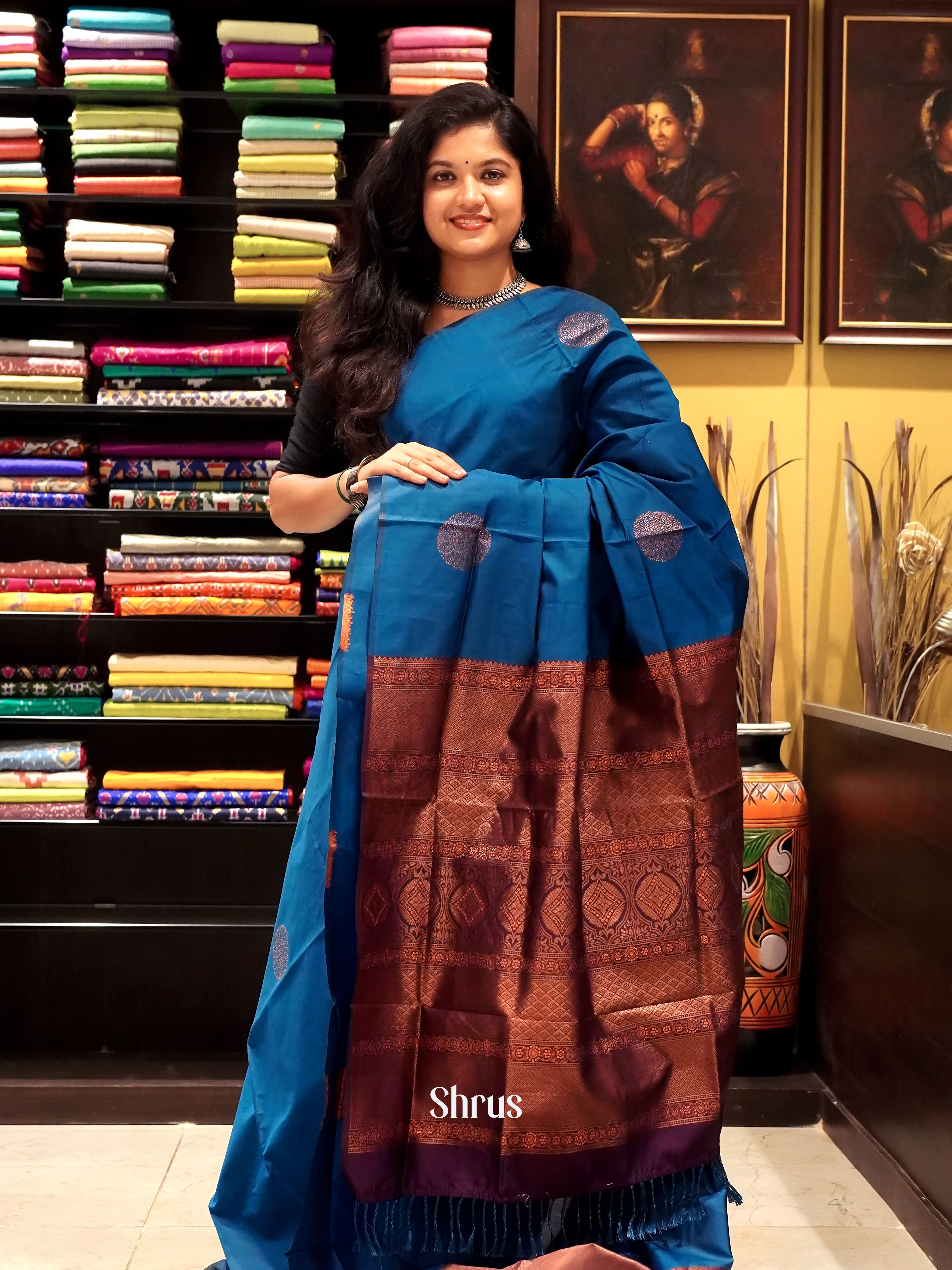 Blue And Wine- Semi soft silk saree