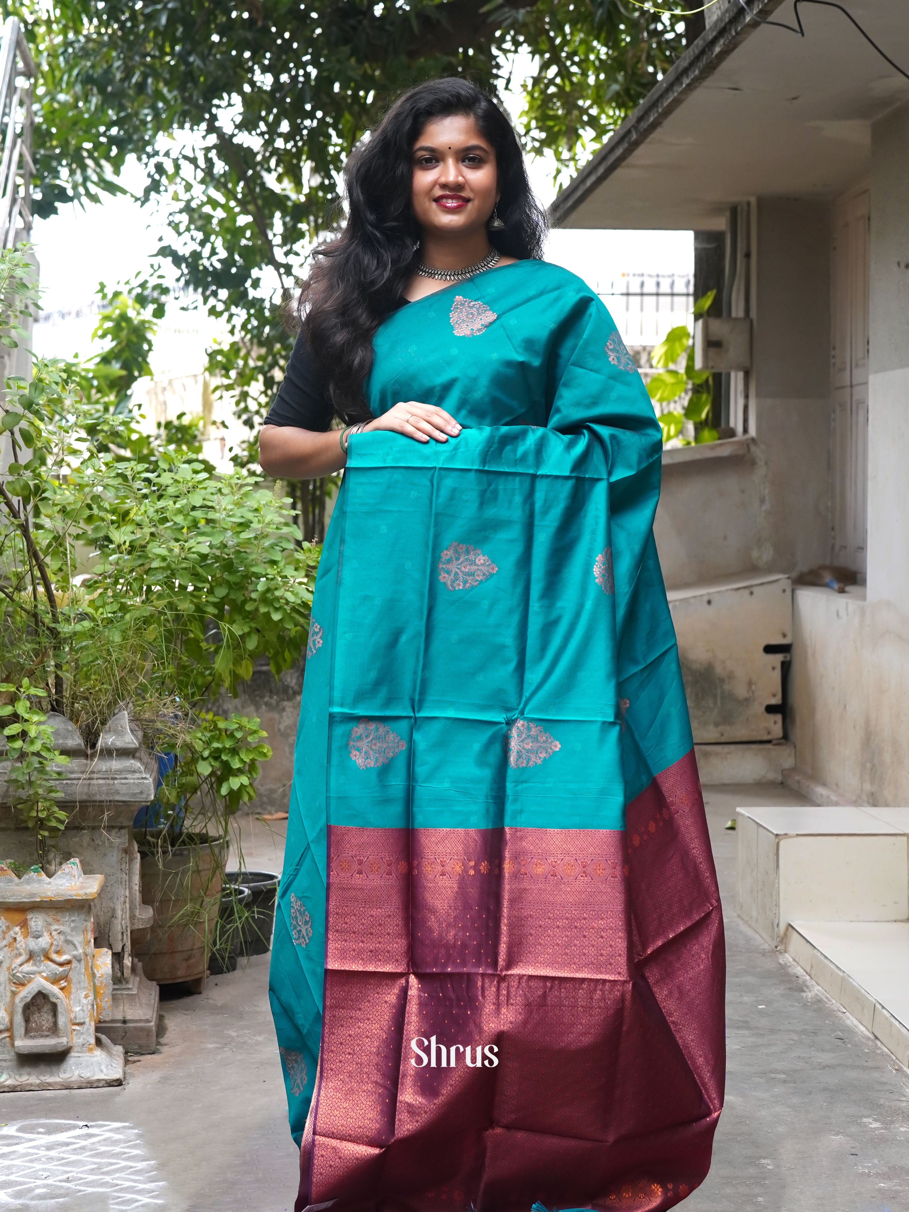 Green & Maroon - Semi Softsilk Saree