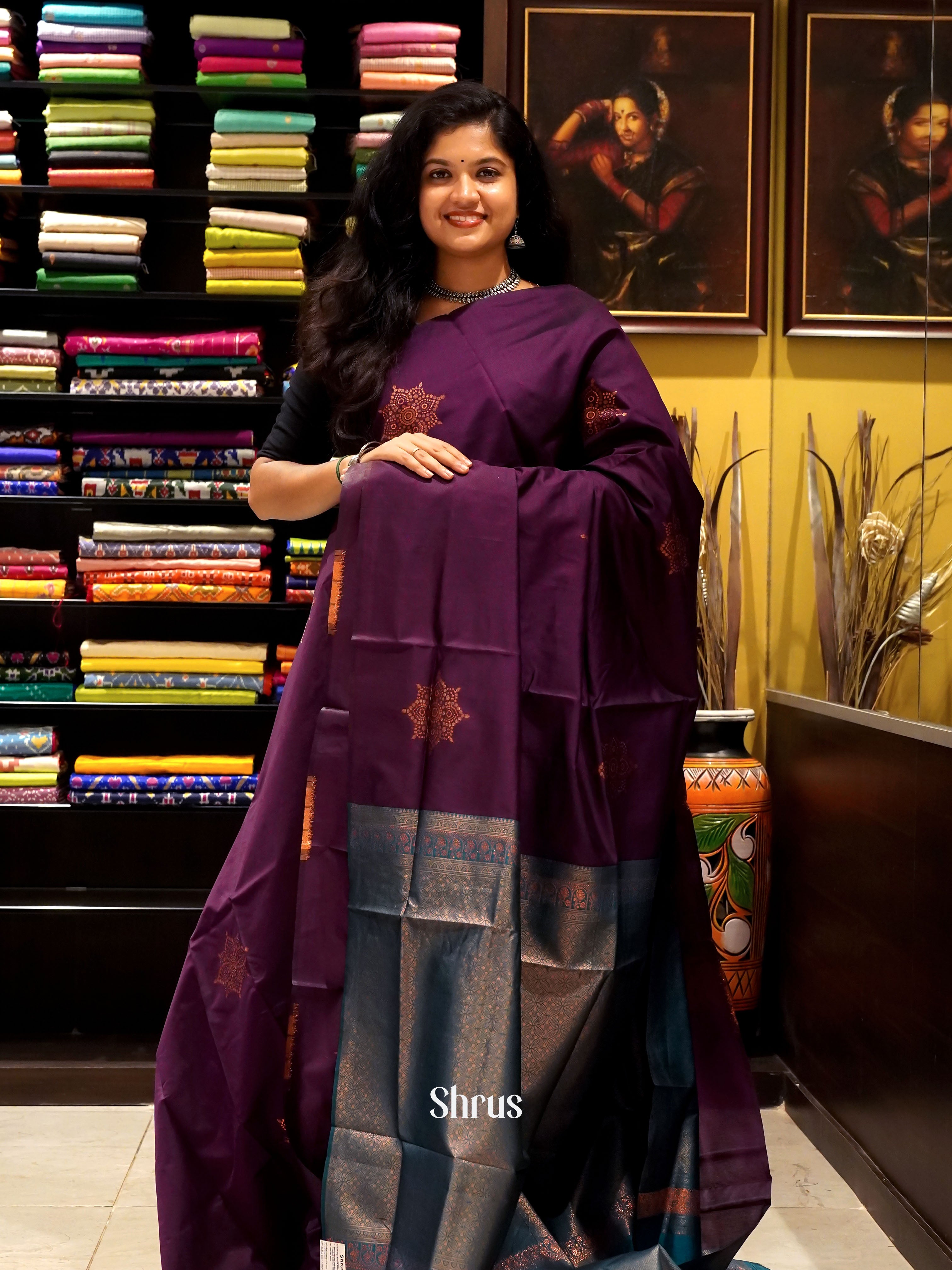 Wine And Green-Semi Soft silk saree